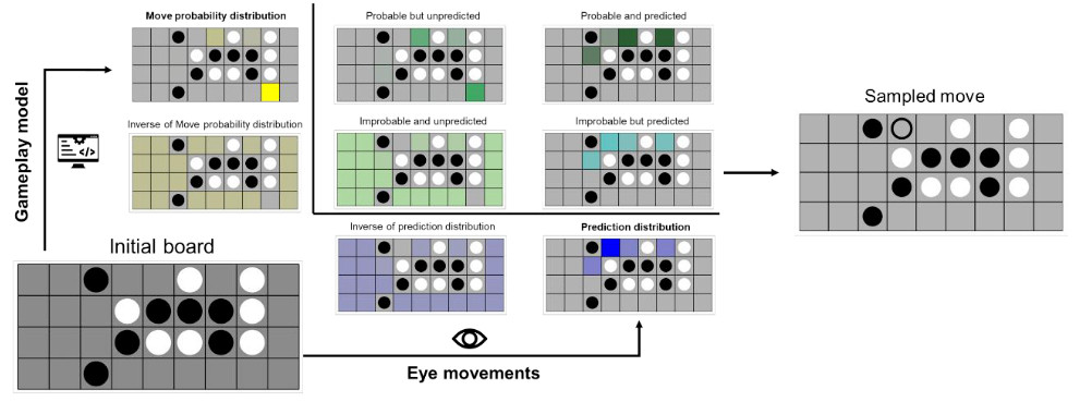 Image of Figure 2 from the paper, showing that stimuli (moves in a board game called four-in-a-row) are generated based on both move probability from an AI model and participant predictions measured via eye movements.