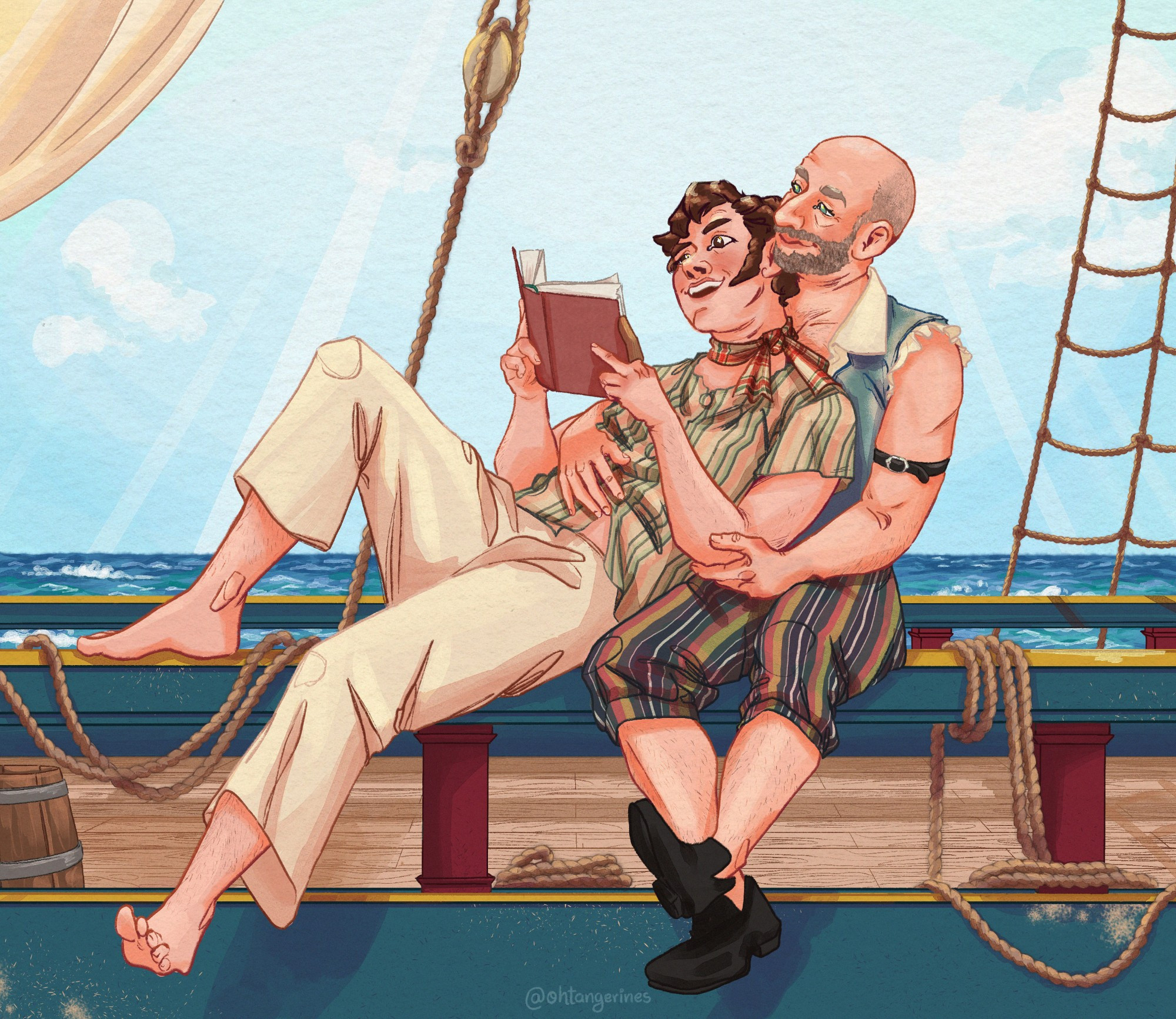 Digital Illustration of Lucius and Pete from series Our Flag Means Death.
They are sitting on the ship's taffrail, legs dangling over the edge, enjoying a nice sunny afternoon at sea. Lucius is leaning back on Pete's chest while reading outloud from a book.