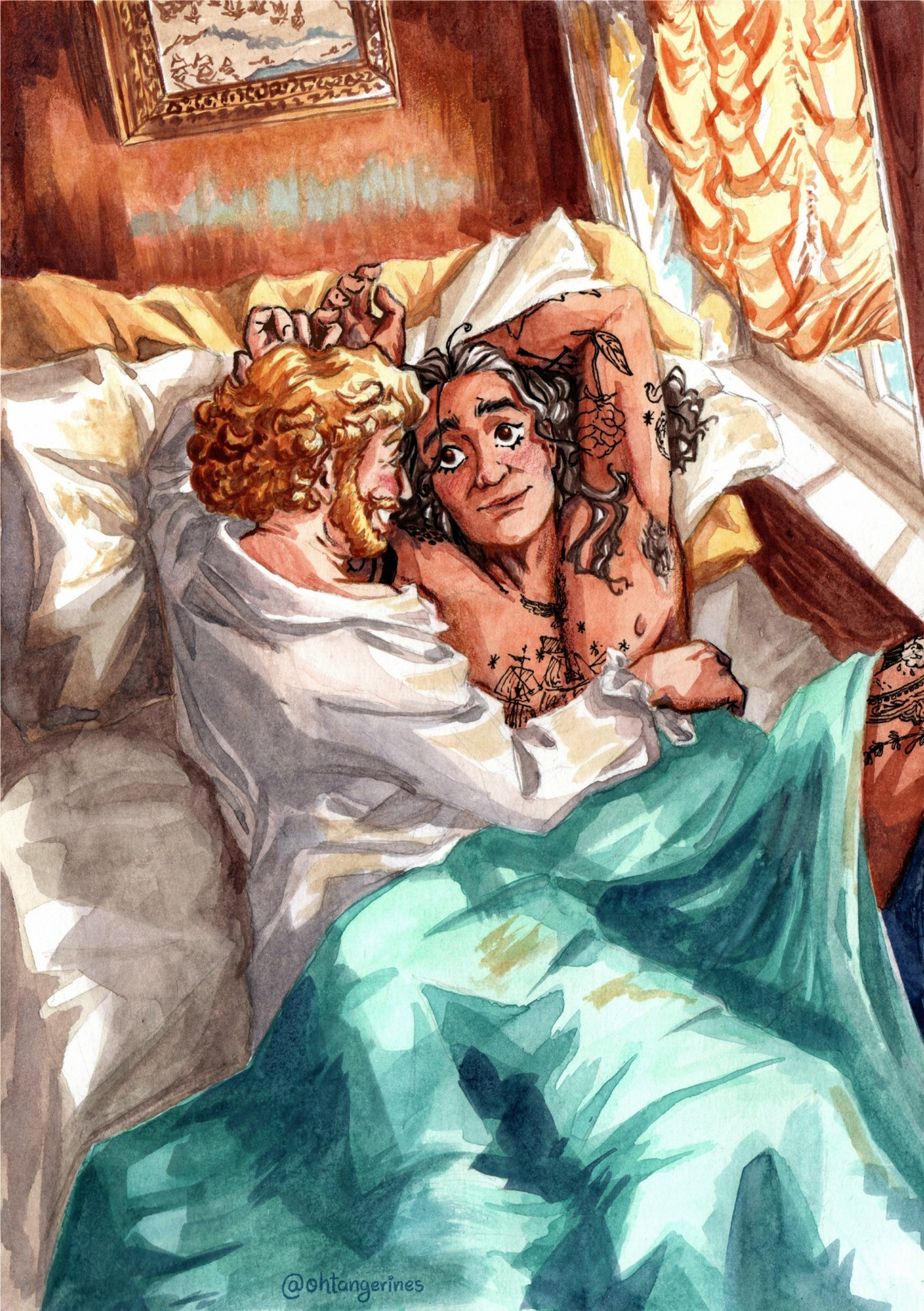 Watercolour illustration of Ed and Stede from series Our Flag Means Death

Ed and Stede and having a lazy day in the bed nook aboard the ship. The sun falls bright over them from the windows at their right.
Ed, laying on his back, smiles softly up at Stede, who's laying on his left side supporting his head on one hand, leaving the other to rest over Ed's waist. Above their heads, their hands are connected by their pinkies.
Teal bed covers cover them from their waist down, Stede is wearing a light sleeping gown.
