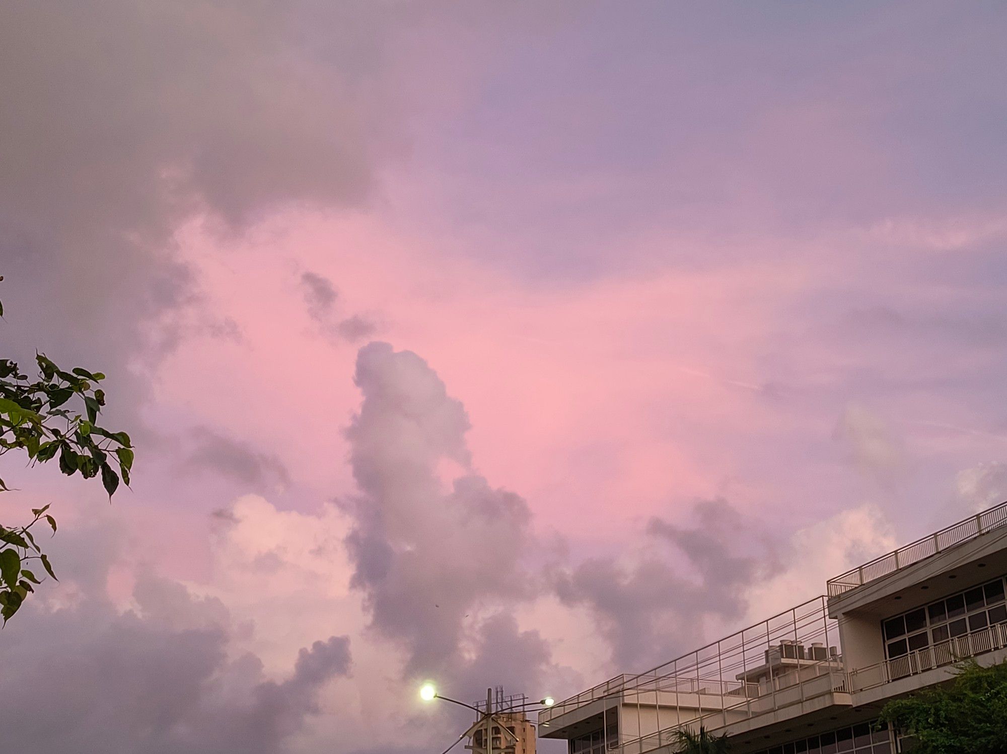 A zoomed-in image of a section of the sky, showing multiple layers of clouds and them being lit up in different ways by the sun at dusk; a lower, fluffy later of clouds that's grey and dark grey, with a sparse, almost cotton-candy-pink later of clouds much higher up illuminated directly by the sun