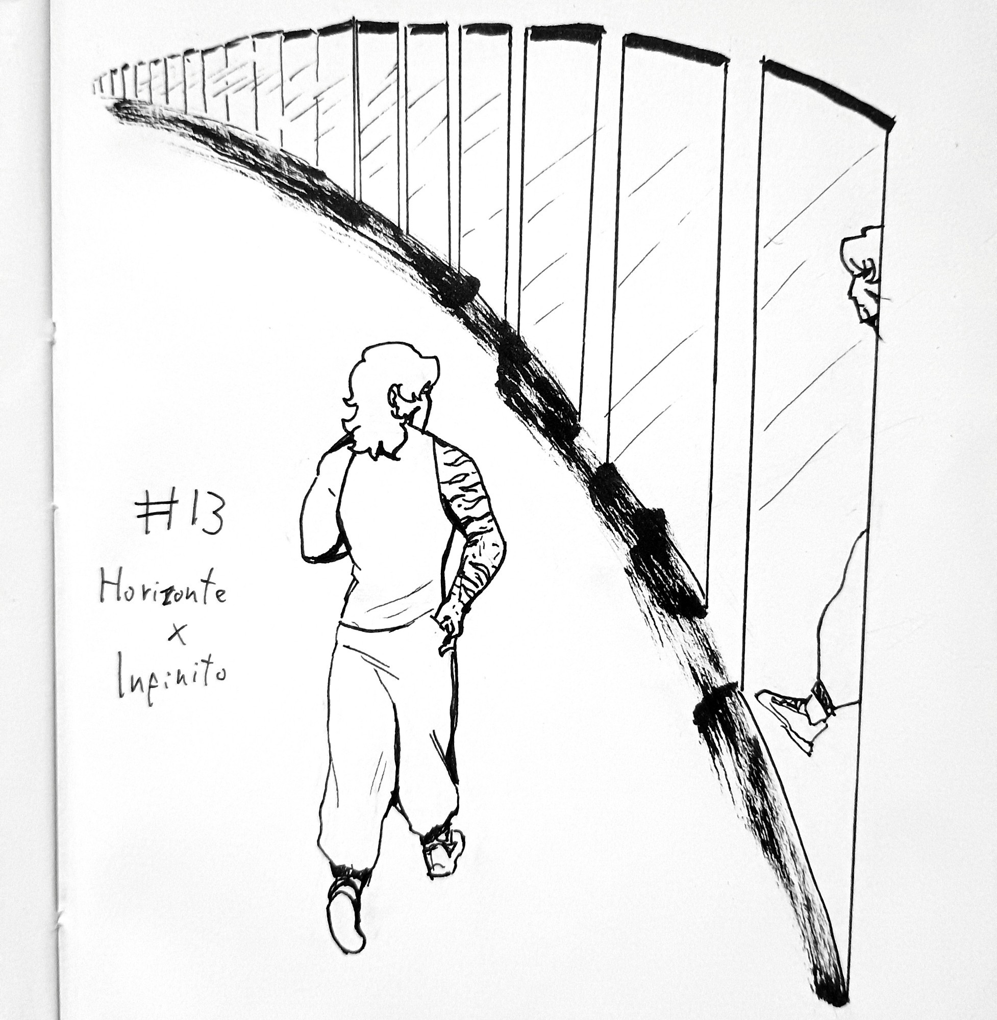 Um homem passando em frente a infinitos espelhos, alinhados até onde consegue ser visto, desaparecendo no horizonte. Seu reflexo alcança apenas o primeiro espelho. #BRart #Art #Inktober2024 #Inktober #Koralletober #Koralletober2024