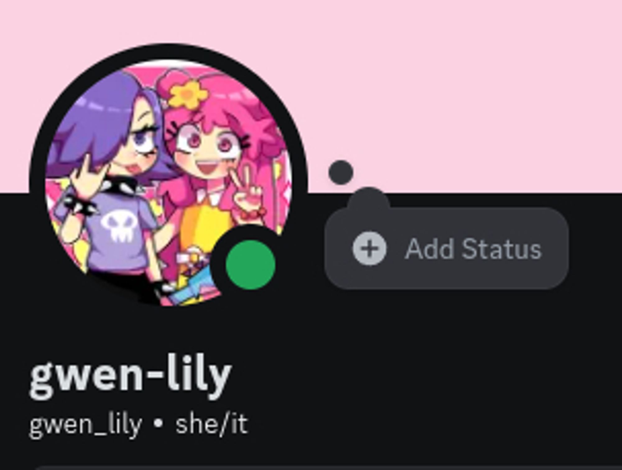 discord user profile picture:

gwen-lily
gwen_lily - she/it

pictured: digital art of hihi puffy amiyumi characters but also gwenyth / gwennifer