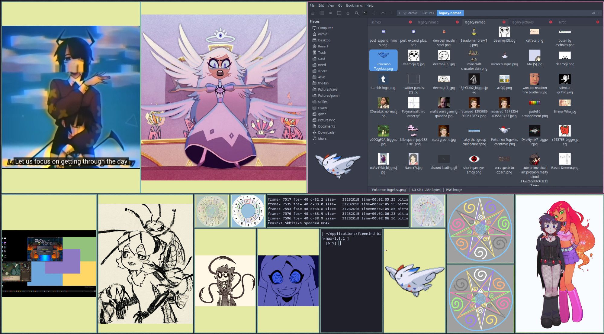 linux desktop screenshot, i3 tiling window manager. assorted gwens & terminals & a file manager with some visible memes n such. starting at the top and proceeding counter-clockwise: emily, ophelia, echidna, cyn, alice, sarah (togekiss lmao) some gwen runes, some music charts, and then starfire (gwennifer) secuding flustered raven (gwenyth)