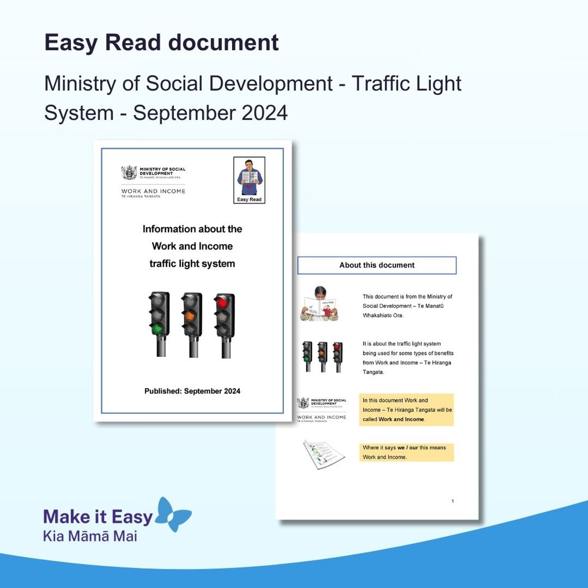 Blue tile with heading Easy Read document and the Make it Easy logo. Inside the tile are images of an Easy Read translation called Information about the Work and Income traffic light system, with Ministry of Social Development and Work and Income logos at the top and red, orange and green traffic light settings in the centre of the cover page.