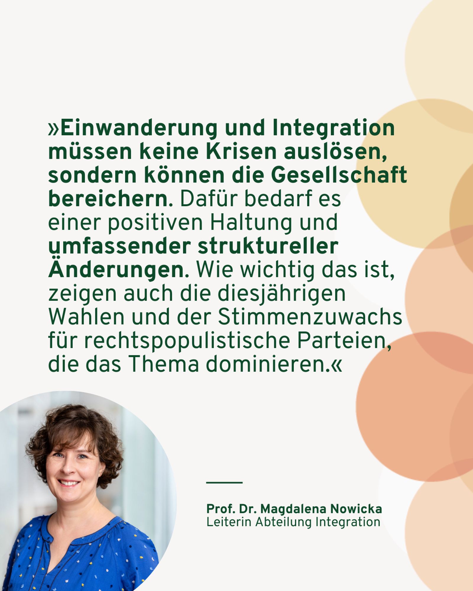 Textkacheln, links unten ist ein kreisförmiges Foto von Magdalena Nowicka. Das Zitat lautet:
"Einwanderung und Integration müssen keine Krisen auslösen, sondern können die Gesellschaft bereichern. Dafür bedarf es 
einer positiven Haltung und umfassender struktureller Änderungen. Wie wichtig das ist, zeigen auch die diesjährigen Wahlen und der Stimmenzuwachs für rechtspopulistische Parteien, 
die das Thema dominieren."