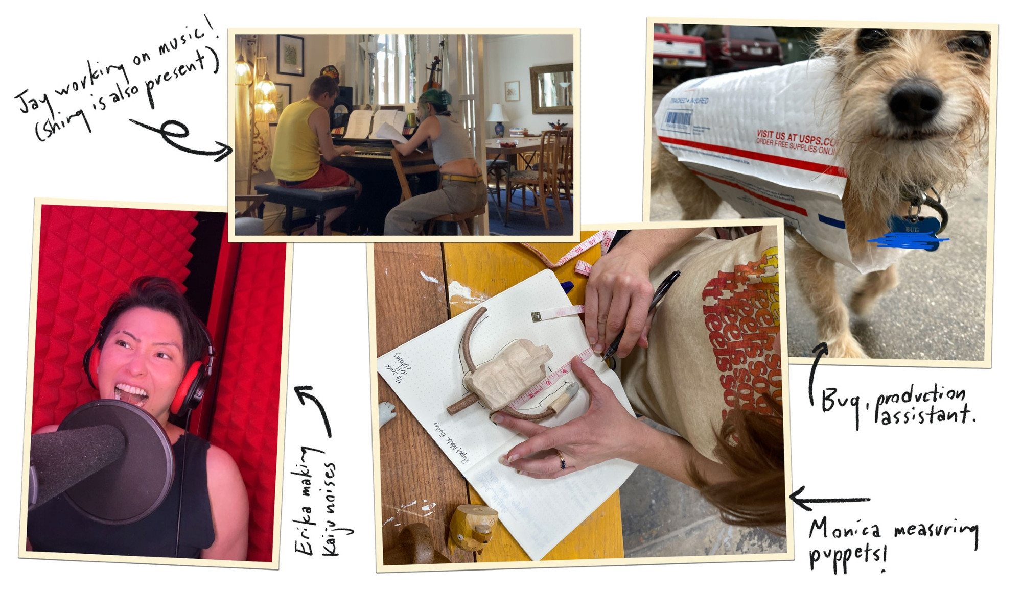 A slide featuring Jay and Shing at the piano (Jay's playing, obviously), Monica Miklas working on costumes, Erika Ishii making kaiju noises, and Bug, who is a dog wearing a USPS envelope.
