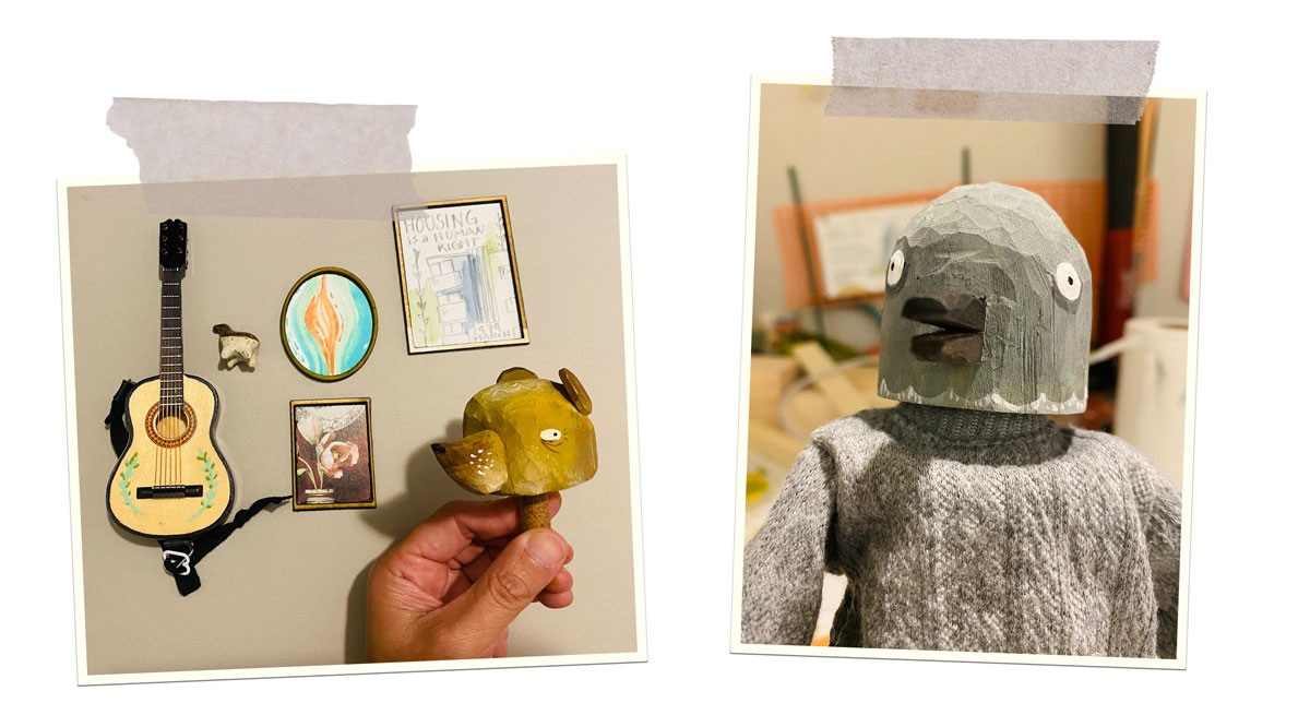 Two photographs - one has a rat puppet head surrounded by props, and the other is a wood carved pigeon puppet in a grey sweater.