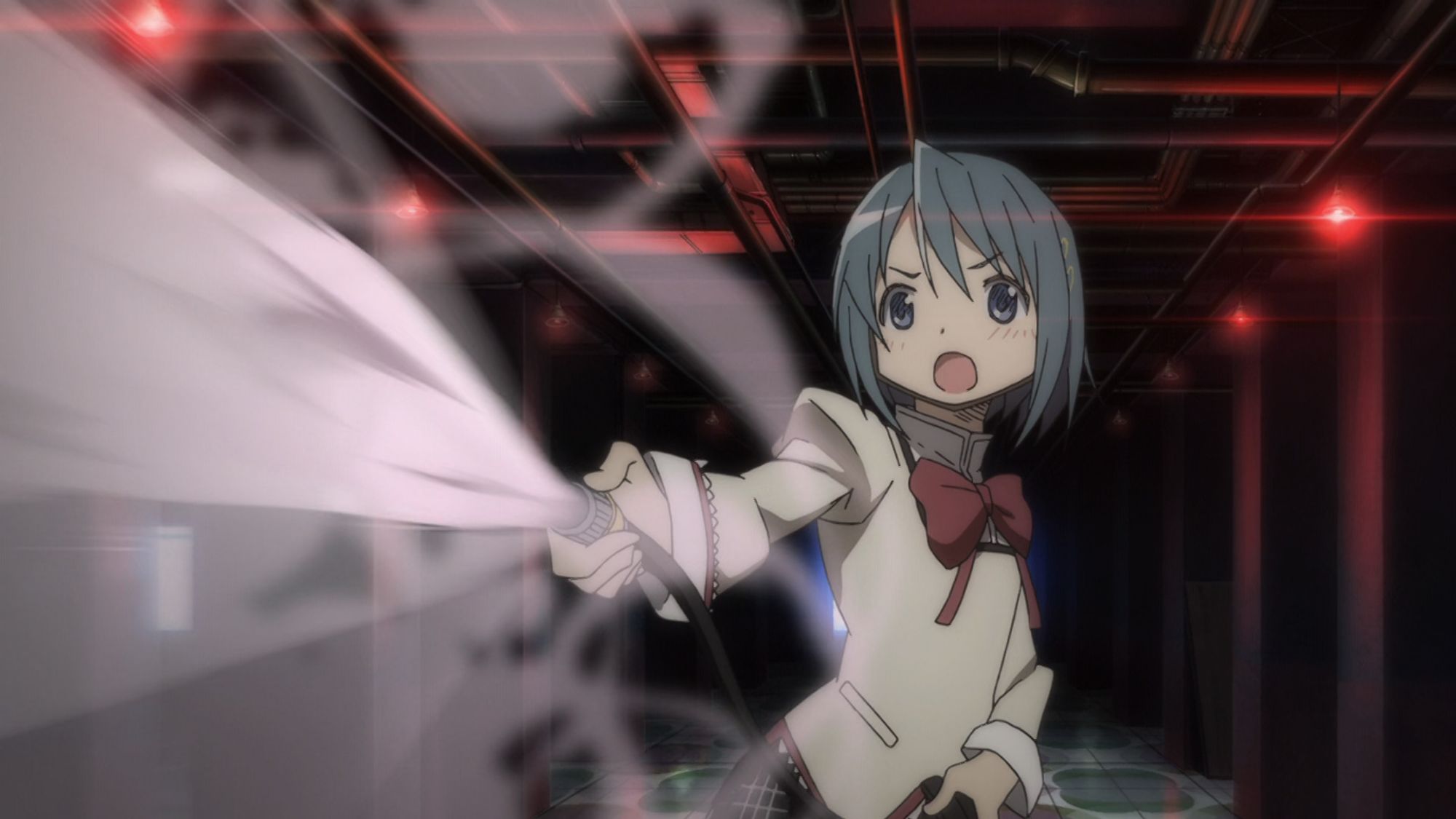 Sayaka Miki from Puella Magi Madoka Magica using a fire extinguisher, with the same camera angle and facial expression