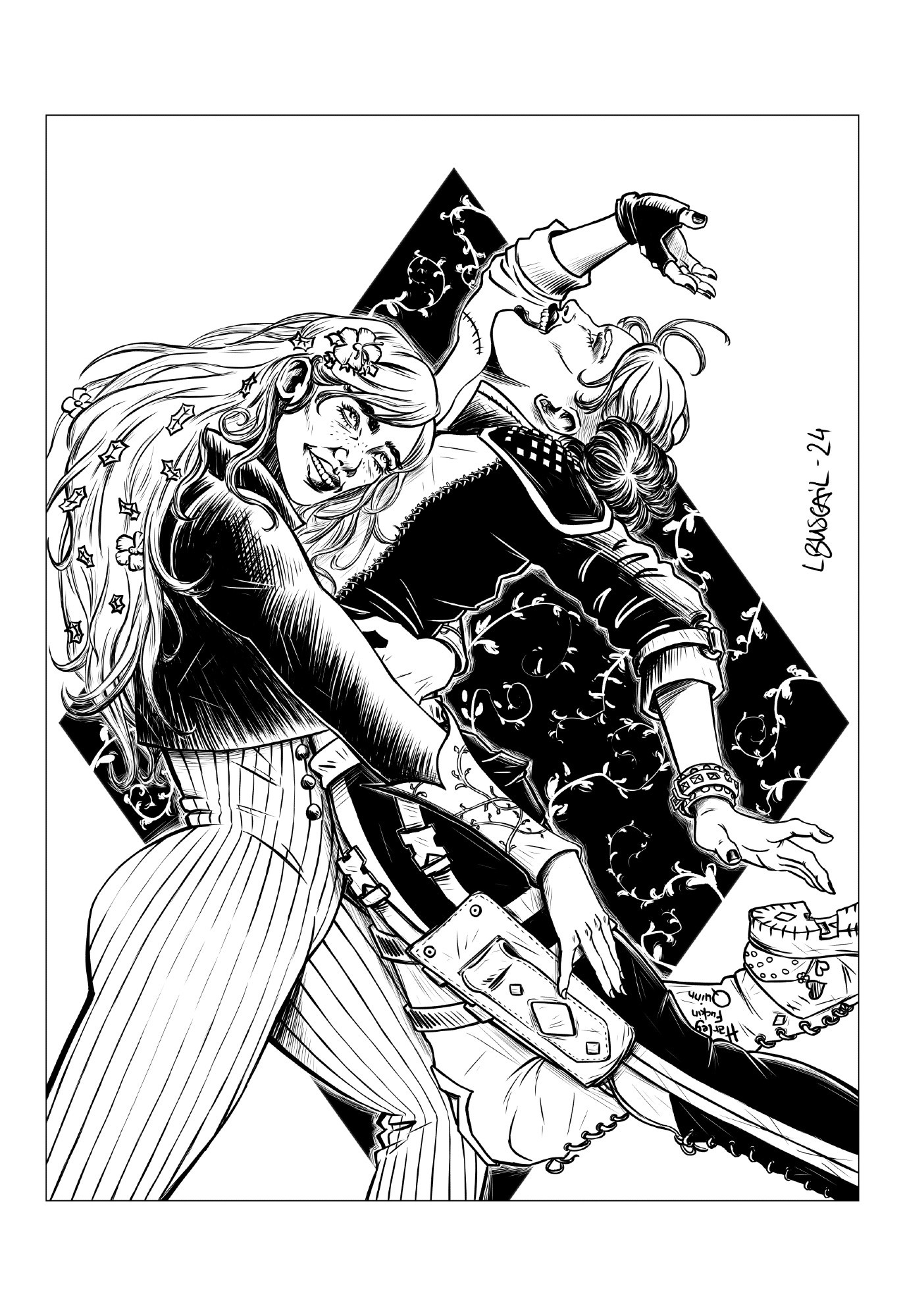 dessin noir et blanc de Poison Ivy et Harley Quinn dansant ensemble