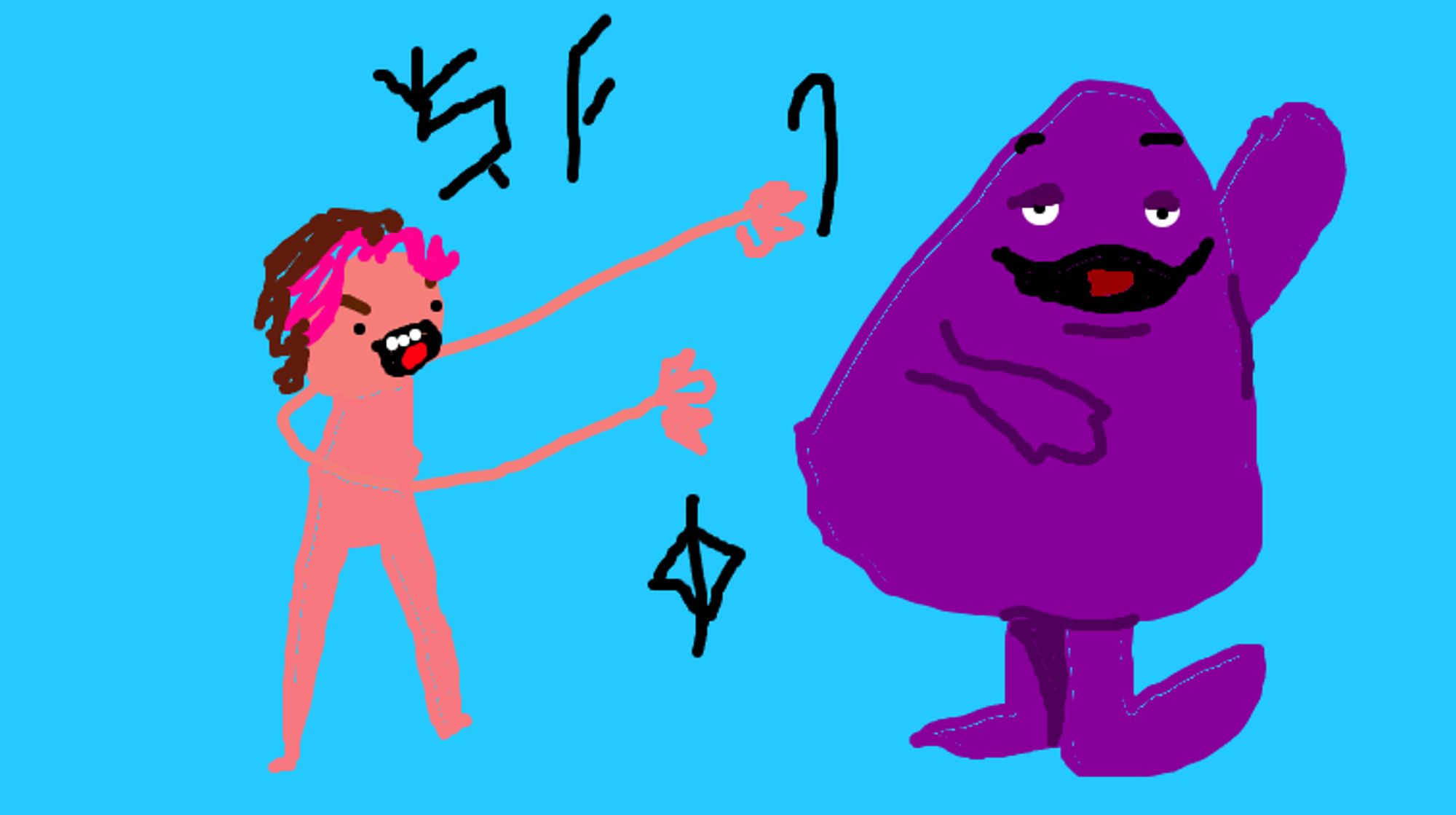 a MS paint-esque drawing of a cartoonish, clothless vana angrily casting an ancient hex on grimace who is looking oblivious blitzed waving to someone or something off camera.