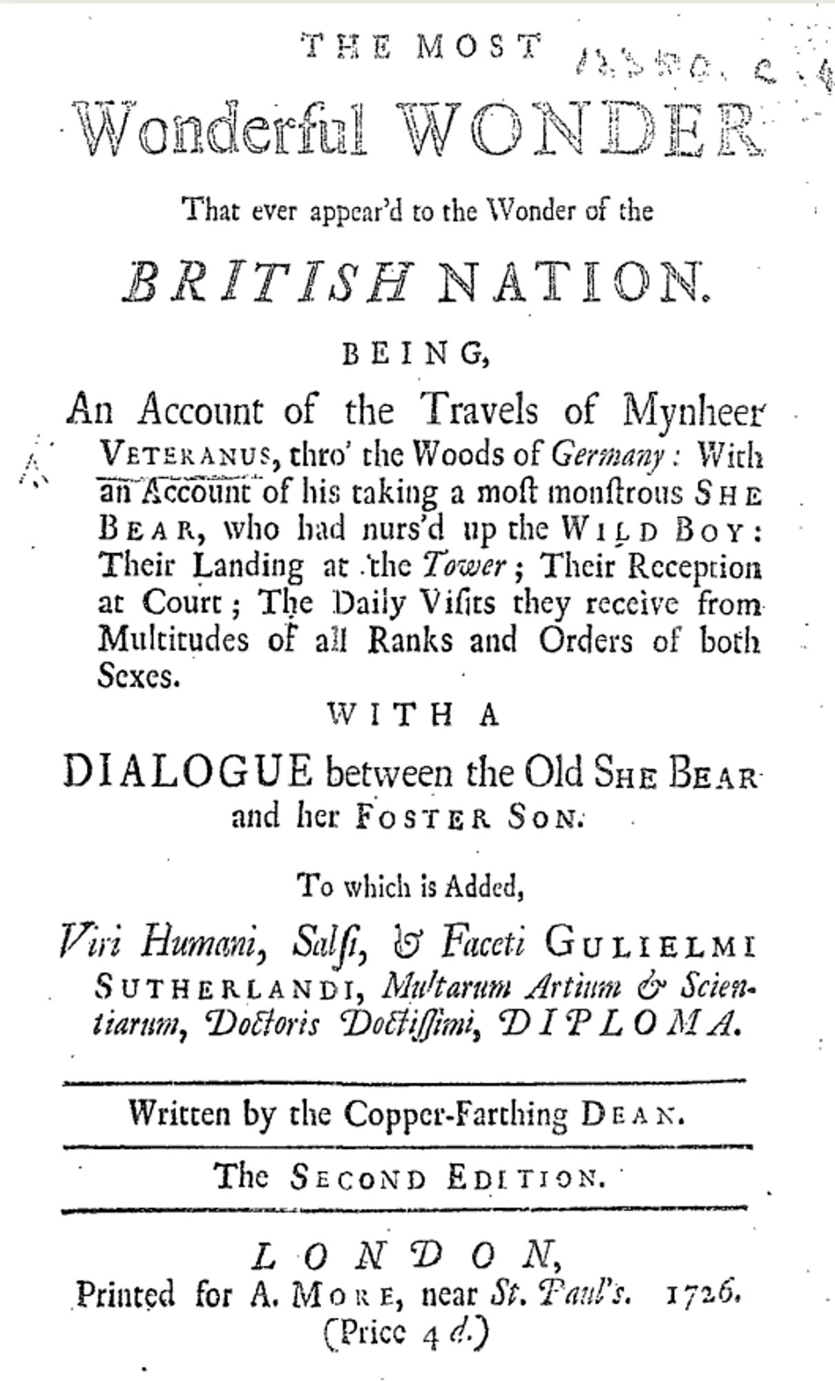 the title page of Swift's The Wonderful Wonder that ever appear'd to the British Nation, featuring the story of a she-bear raised as a human, and an interview with same.