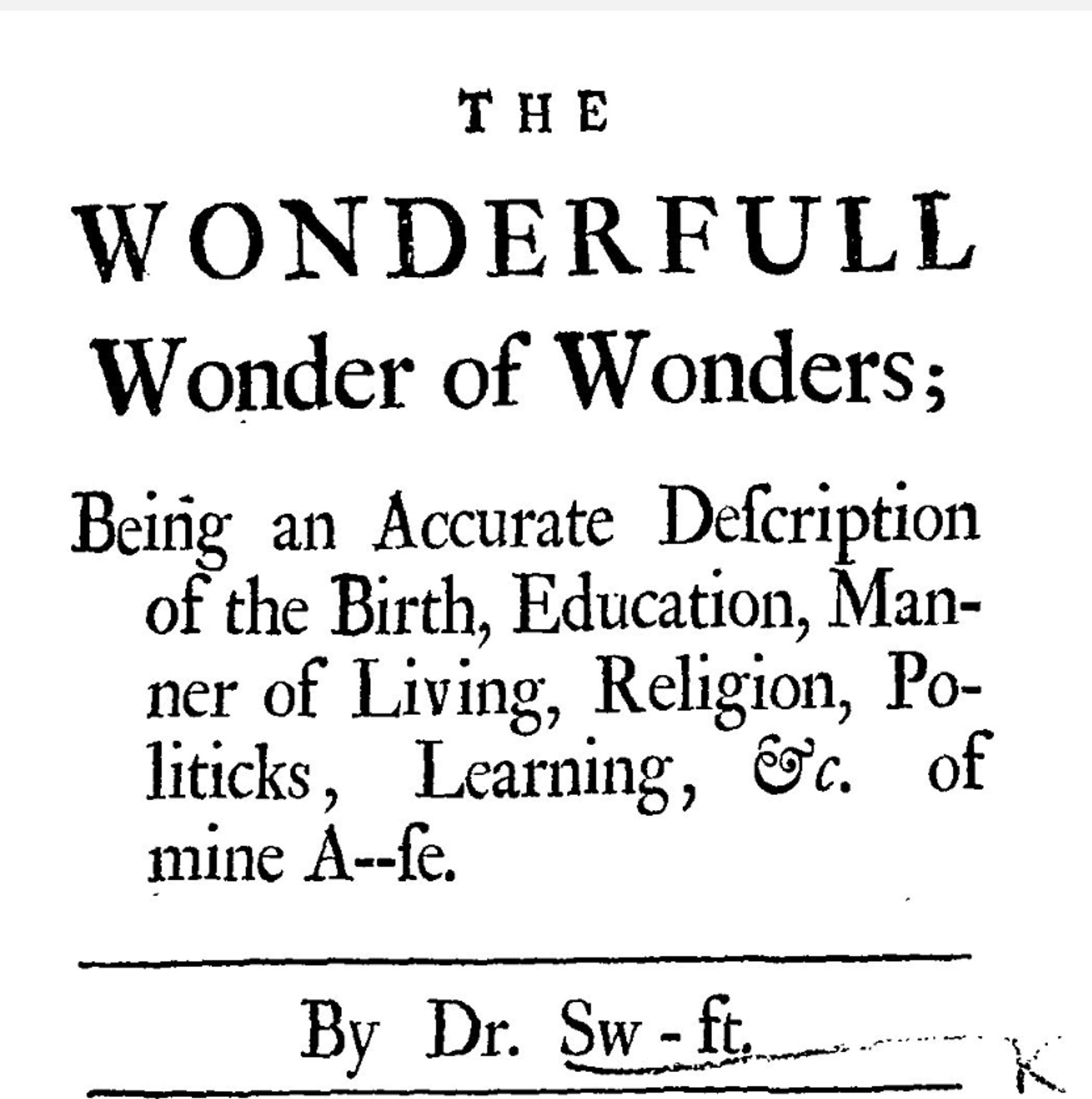 title page, Jonathan Swift's The Wonderful Wonder of Wonders