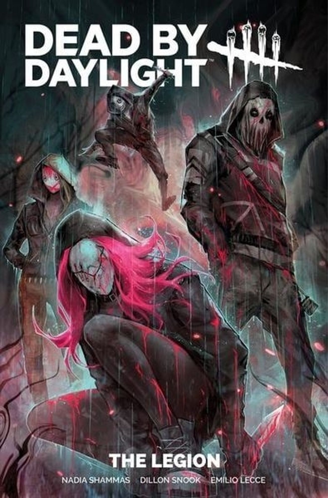 Comic  Titelbild. Oben rechts das Logo von Dead by Daylight. Im Vordergrund eine hockende Frau mit Maske, einem blutigen Messer in der Hand und roten langen Haaren. Rechts daneben ein ganz in grau und schwarz gekleidete Mann, mit einer Totenkopf Stoffmaske. Links hinter der Frau, eine stehende Frau mit weißer Maske und in Bikerkleidung. Und mittig aber durch die Perspektive weit nach hinter gesetzt ein weiterer Mann mit Maske, gerade im Sprung mit einem Messer in der Hand.