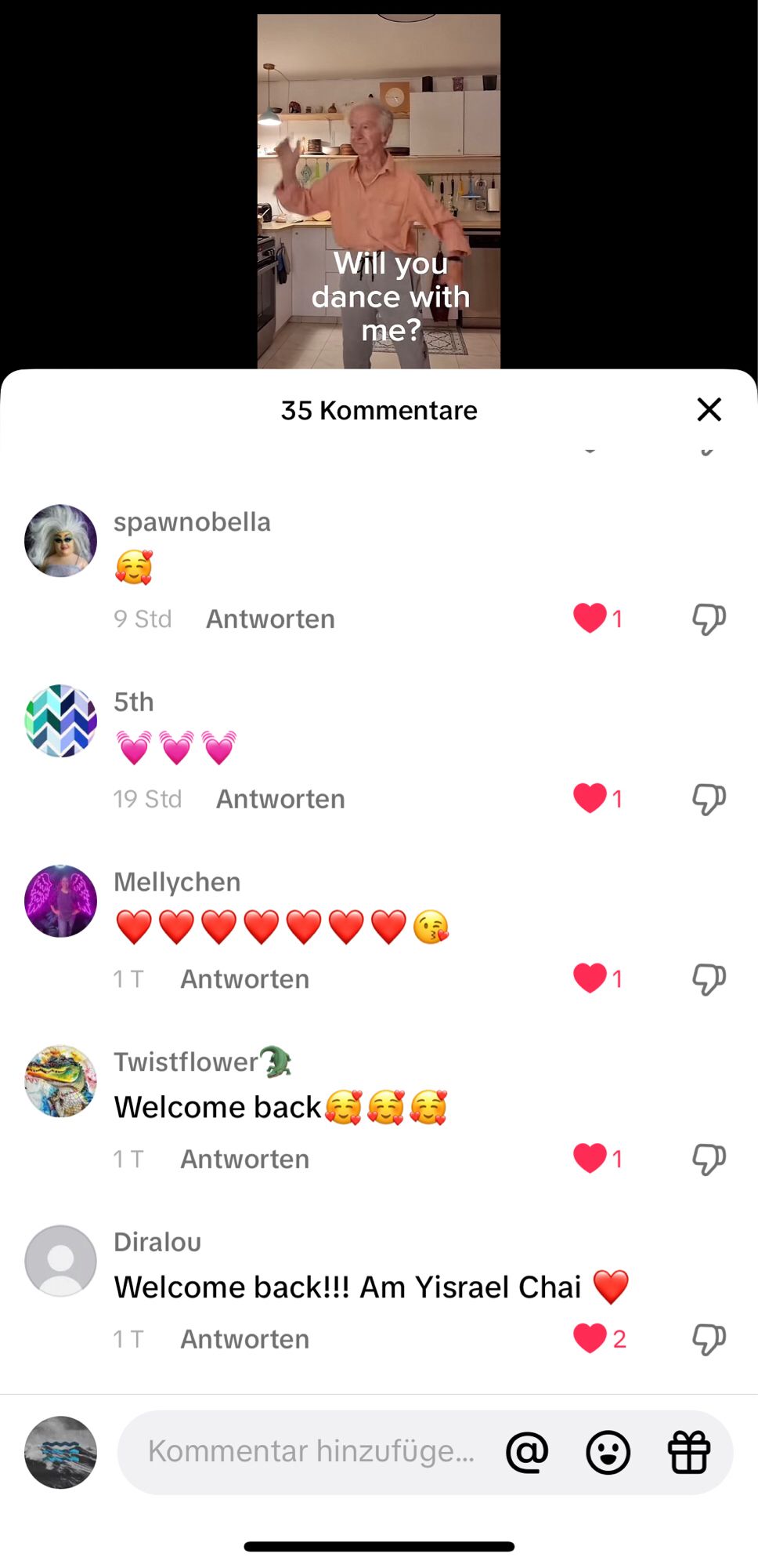 Screenshot TikTok-Profil von Gidon Lev mit positiven Kommentaren