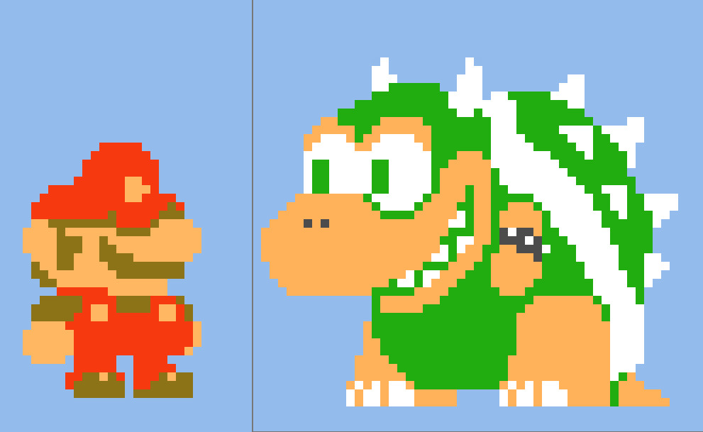 Unique-looking Mario and Bowser sprites using their NES colors.