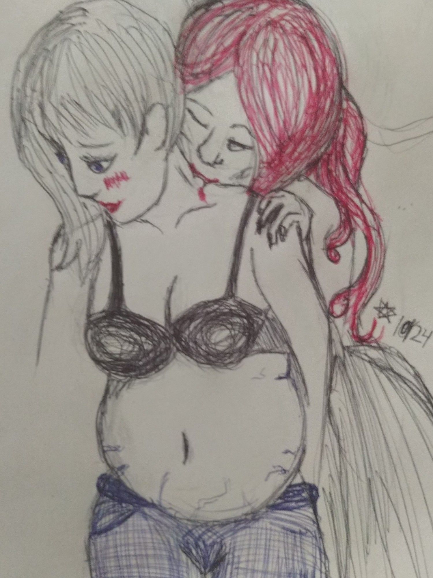 Ink on paper a lady vampire is holding a chubby and shirtless woman from behind as she gently and seductively bites into the human's neck. The woman is shyly looking down and to the left, obscuring half her face, her eyes are blue and her hair is silver, her braw is black and simple, the left strap slid to the side of the shoulder for better access to her neck. There is a small dribble of blood leaking from the sensual bite. She has a large tummy with stretch marks that rolls gently over her blue jeans. 
The vampire lady has long red hair and is peaking at her girlfriend, one black nailed hand gripping her shoulder and a black dress with no straps