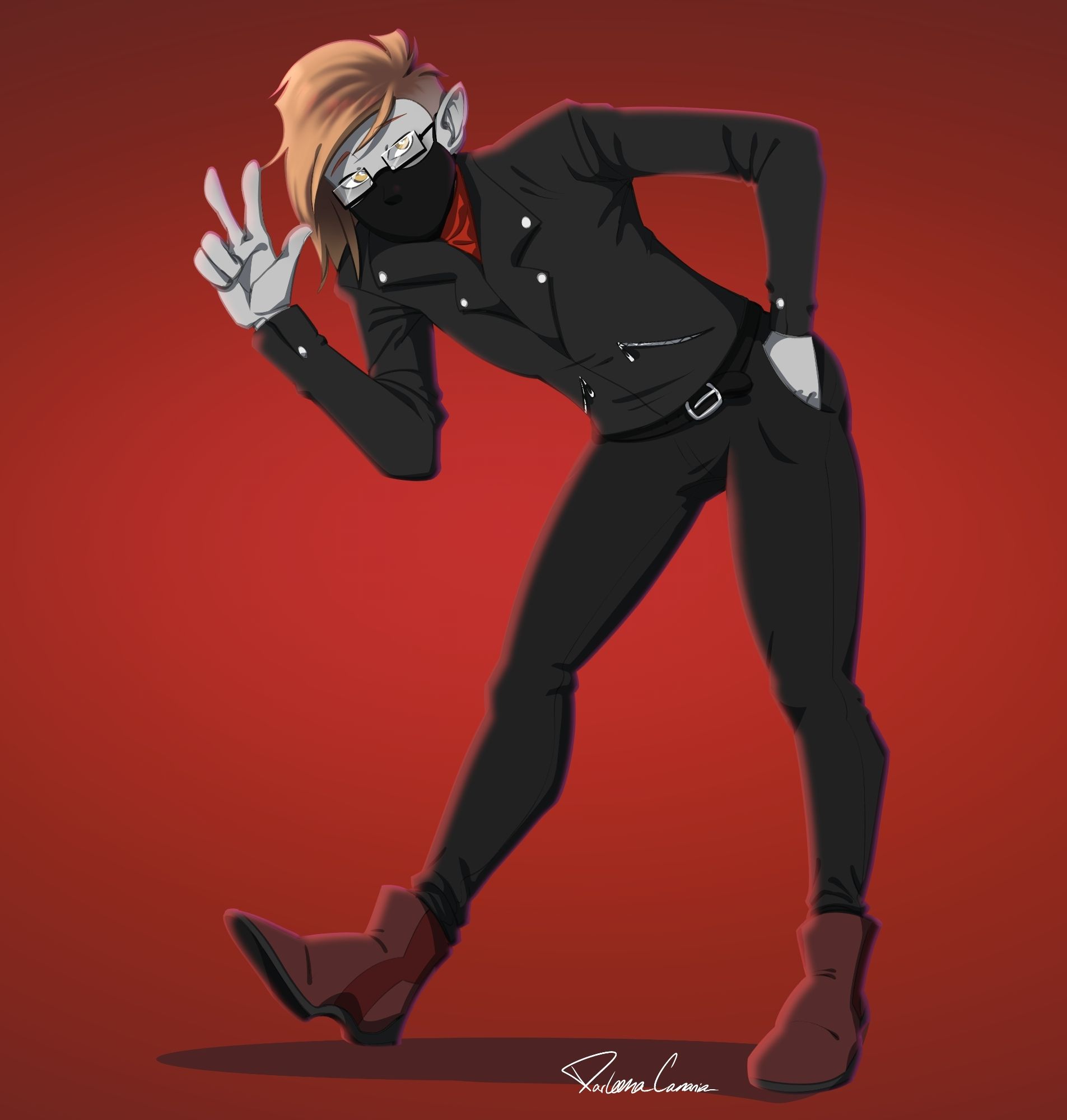 Goblin Dawn in a sassy "hello" pose in a leather jacket, dark pants, maroon boots and a black face mask with glasses.