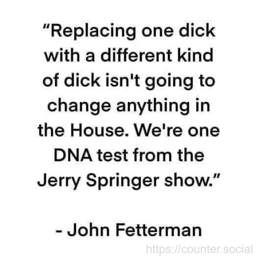 Quote: "Replacing one dick with a different kind of dick isn't going to change anything in the House. We're one DNA test from the Jerry Springer show" - John Fetterman