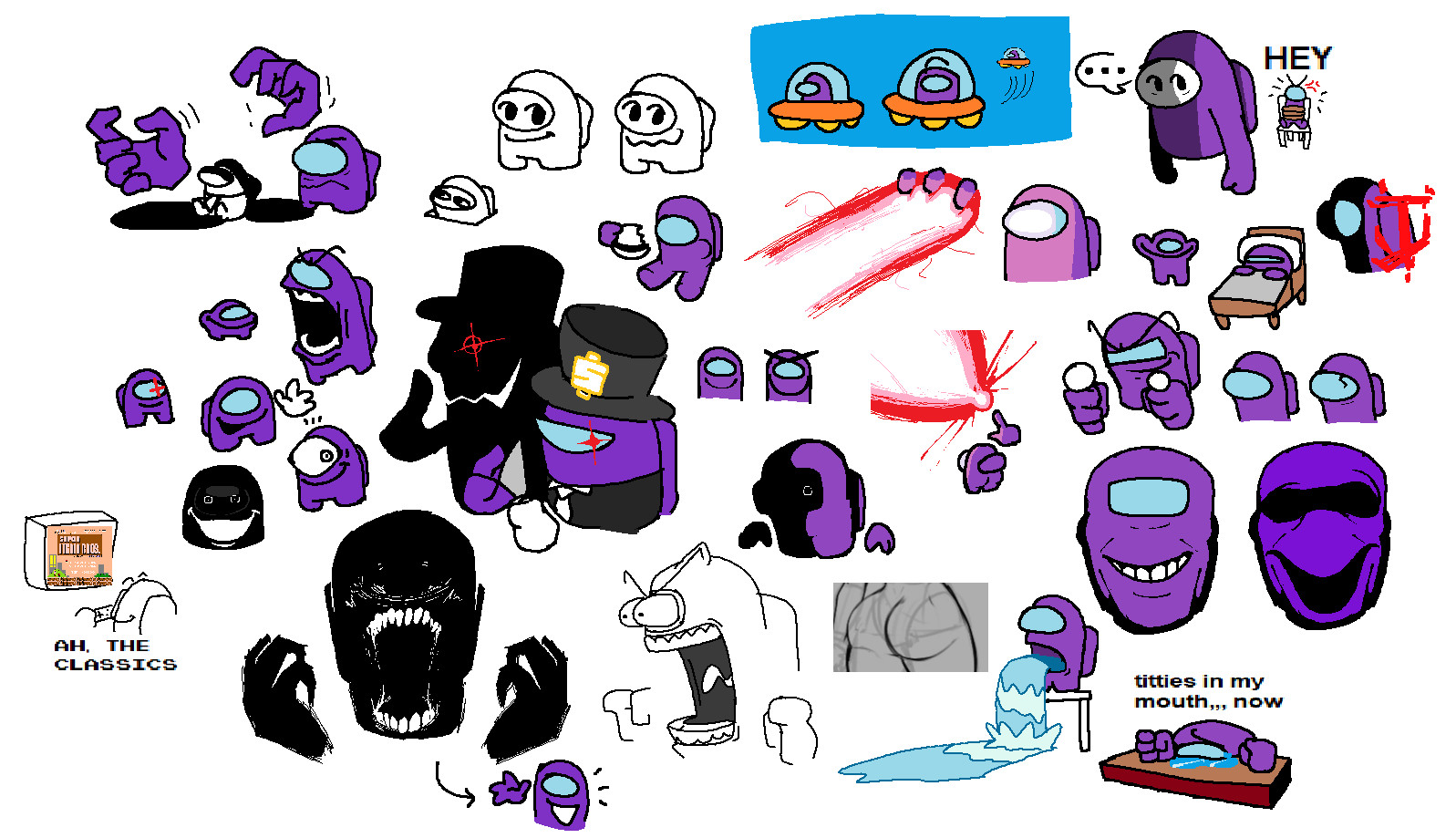 a collection of purple crewmates, a little creature i represent myself with sometimes, in various situations and shenanigans