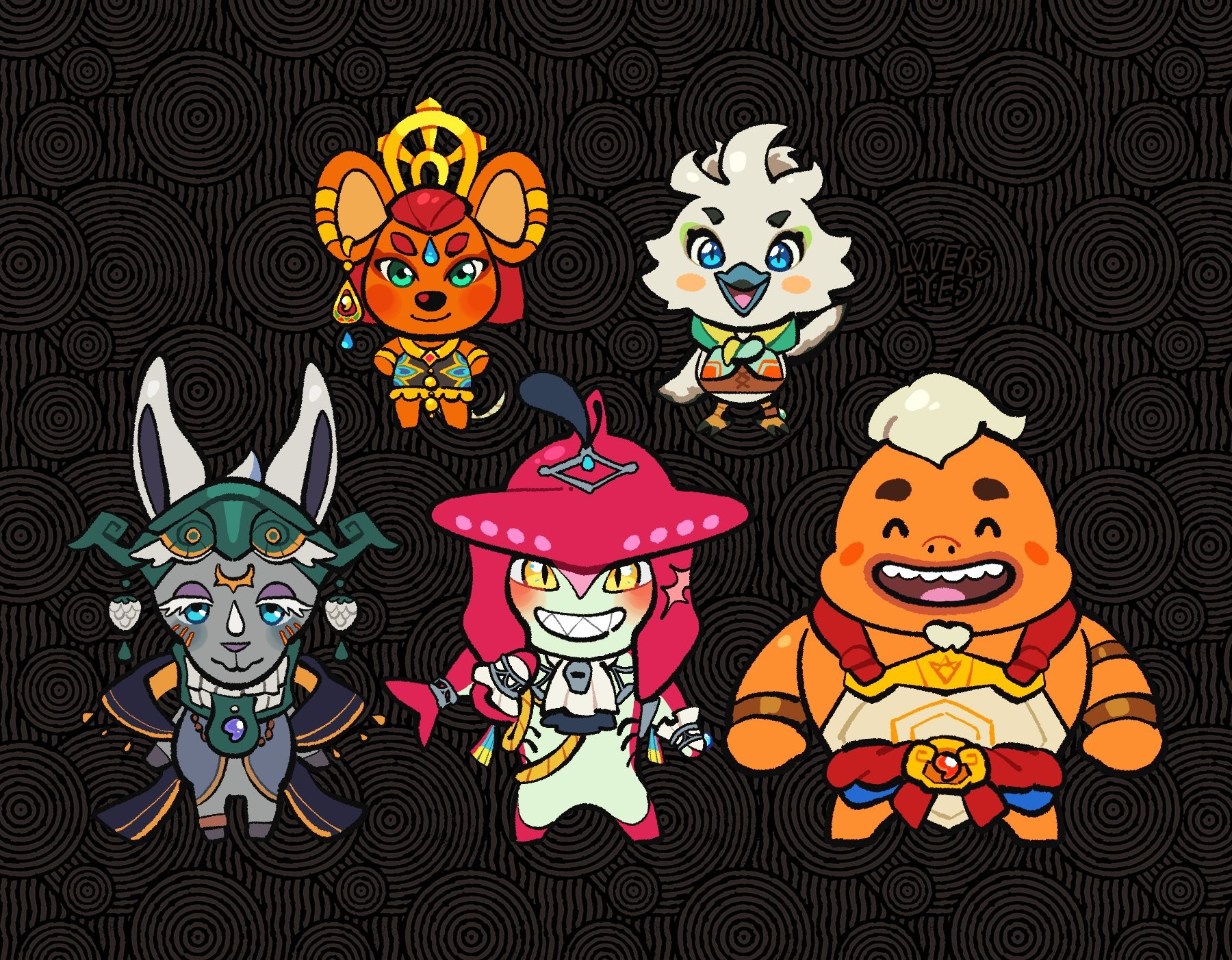 the sages from tears of the kingdom are depicted as animal crossing villagers. riju is a regal mouse, tulin is an adorable little bird, mineru is a thoughtful tall eared goat, sidon is an encouraging shark, and yunobo is a happy goron adjusted to the game's art style. it is set on a dark brown background with the game's swirl asset.