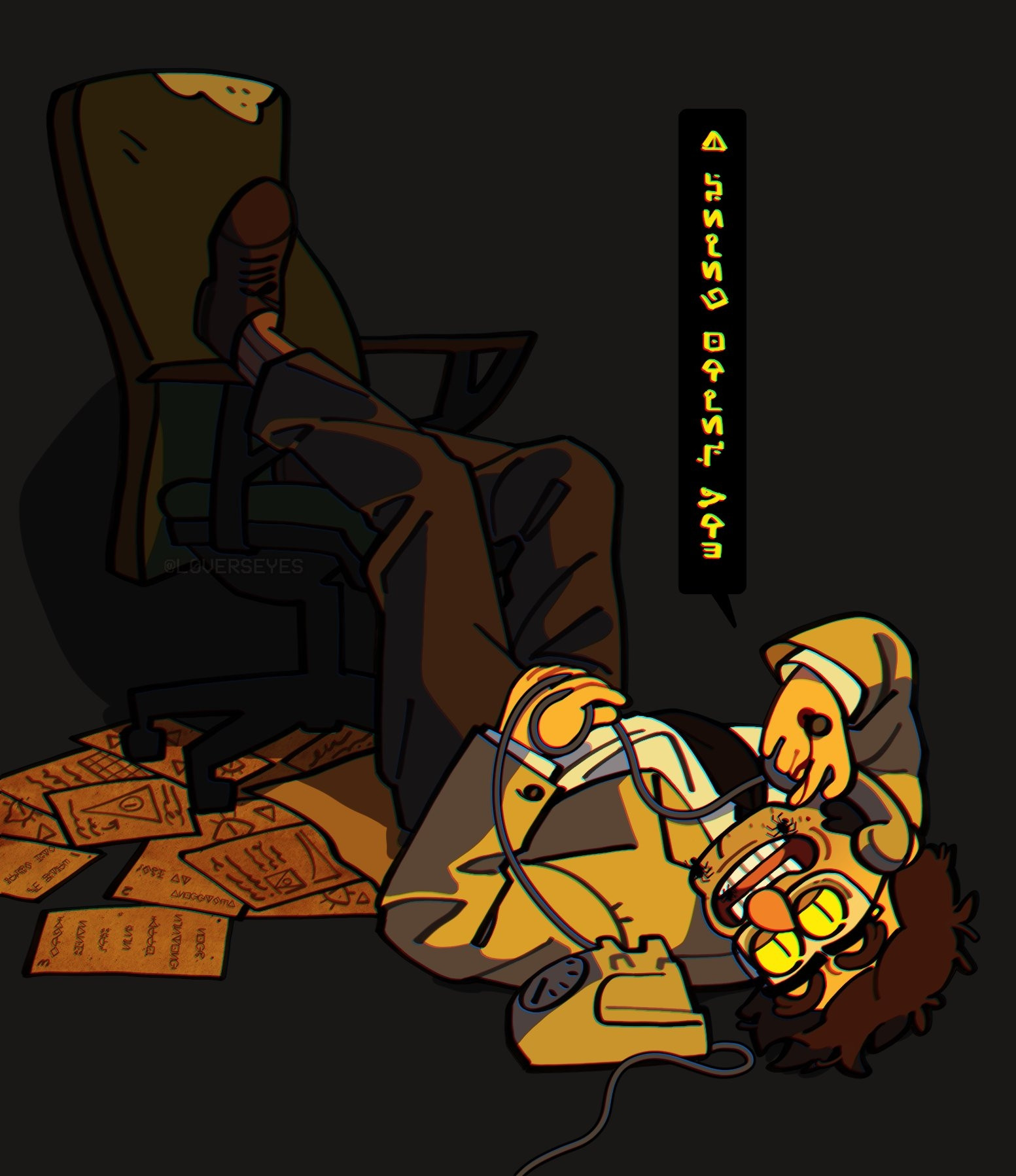 stanford pines (gravity falls) possessed by bill, lying down on the floor and resting his legs on an office chair. he has a telephone to his ear, "i never loved you" is written in bill cipher's substitution code