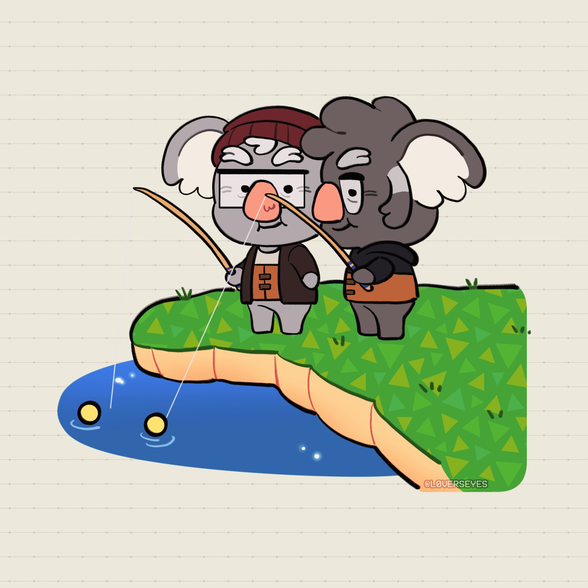 villager ford and stan (koalas) are fishing by the river. stan is smiling at ford