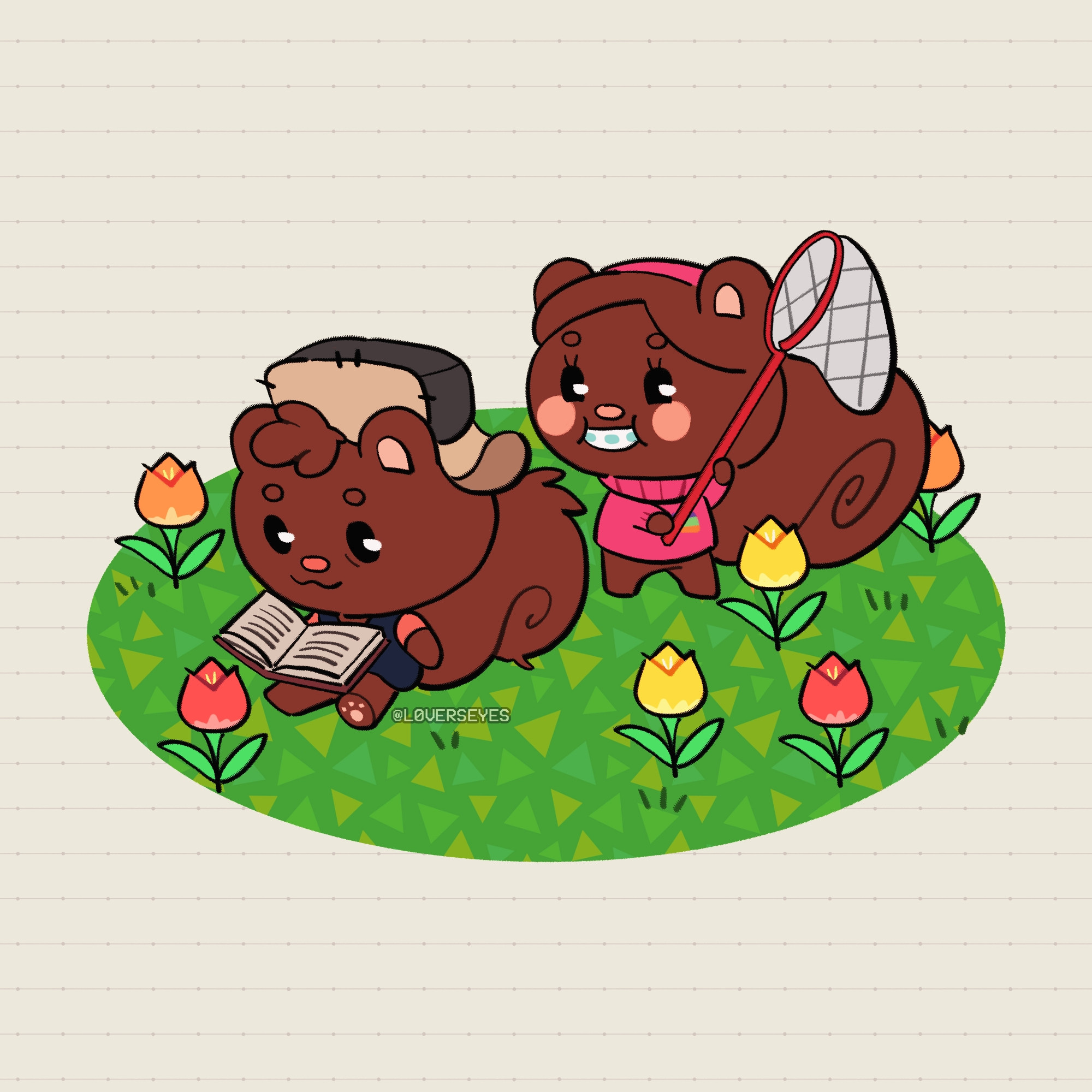 villager dipper is reading a book while mabel (both are squirrels) looms behind him with a bug net. they are surrounded by tulips