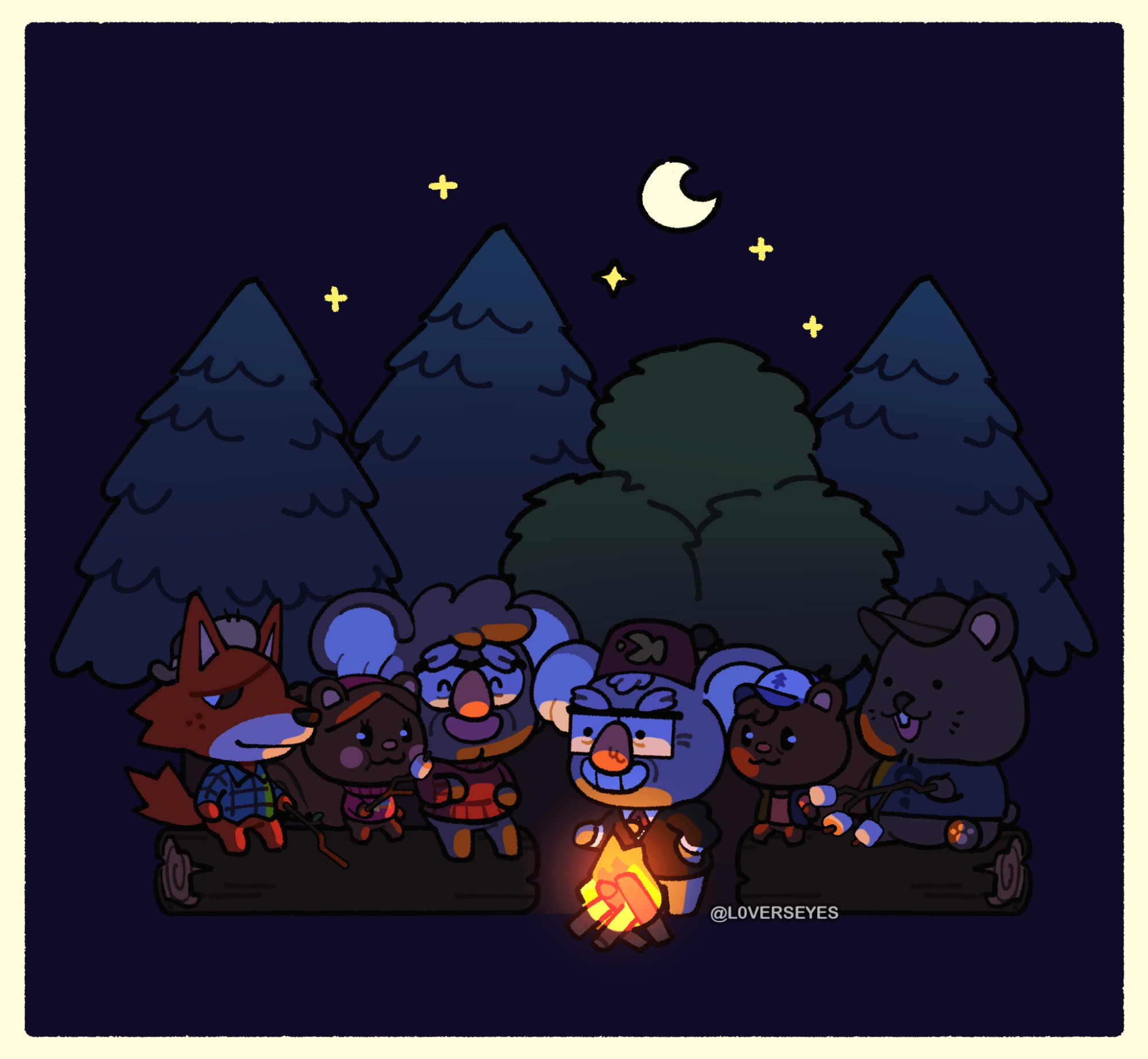 the gravity falls main cast are reimagined as animal crossing villagers and are enjoying a campfire underneath the night sky. from left to right: wendy is an orange wolf, mabel and dipper are squirrels, ford and stan are koalas, and soos is a quokka