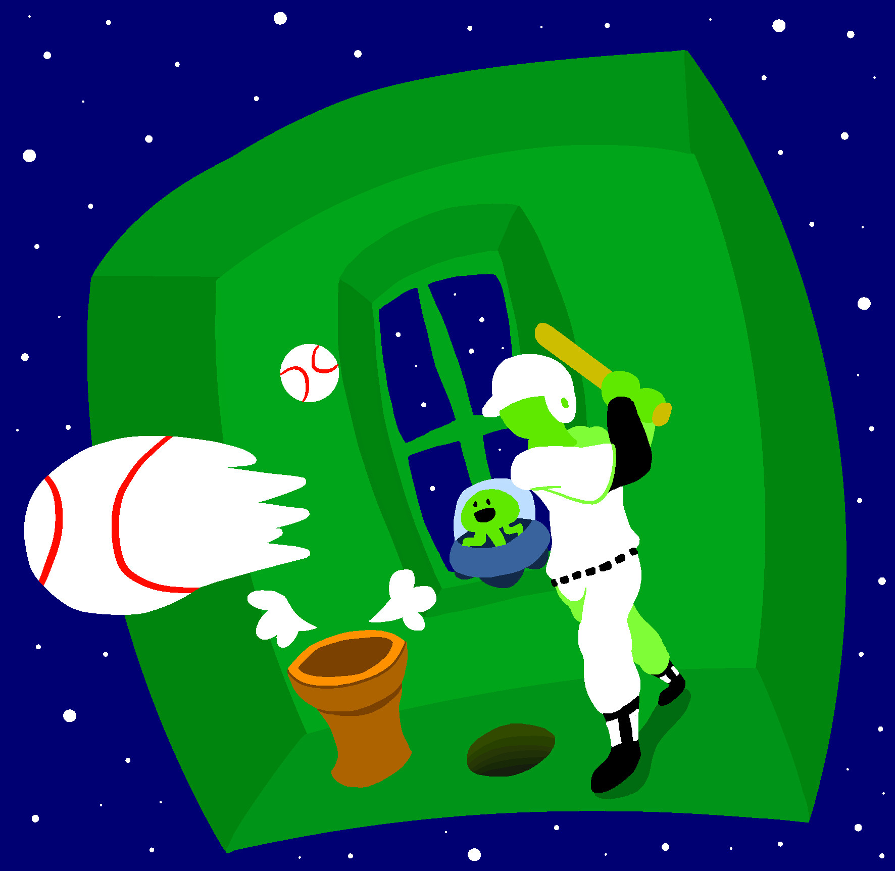 Air Batter from Rhythm Heaven standing in an isolated green room with a single window showing the starry spacescape as he bats baseballs shot from an orange pipe. The Space Umpire is there too