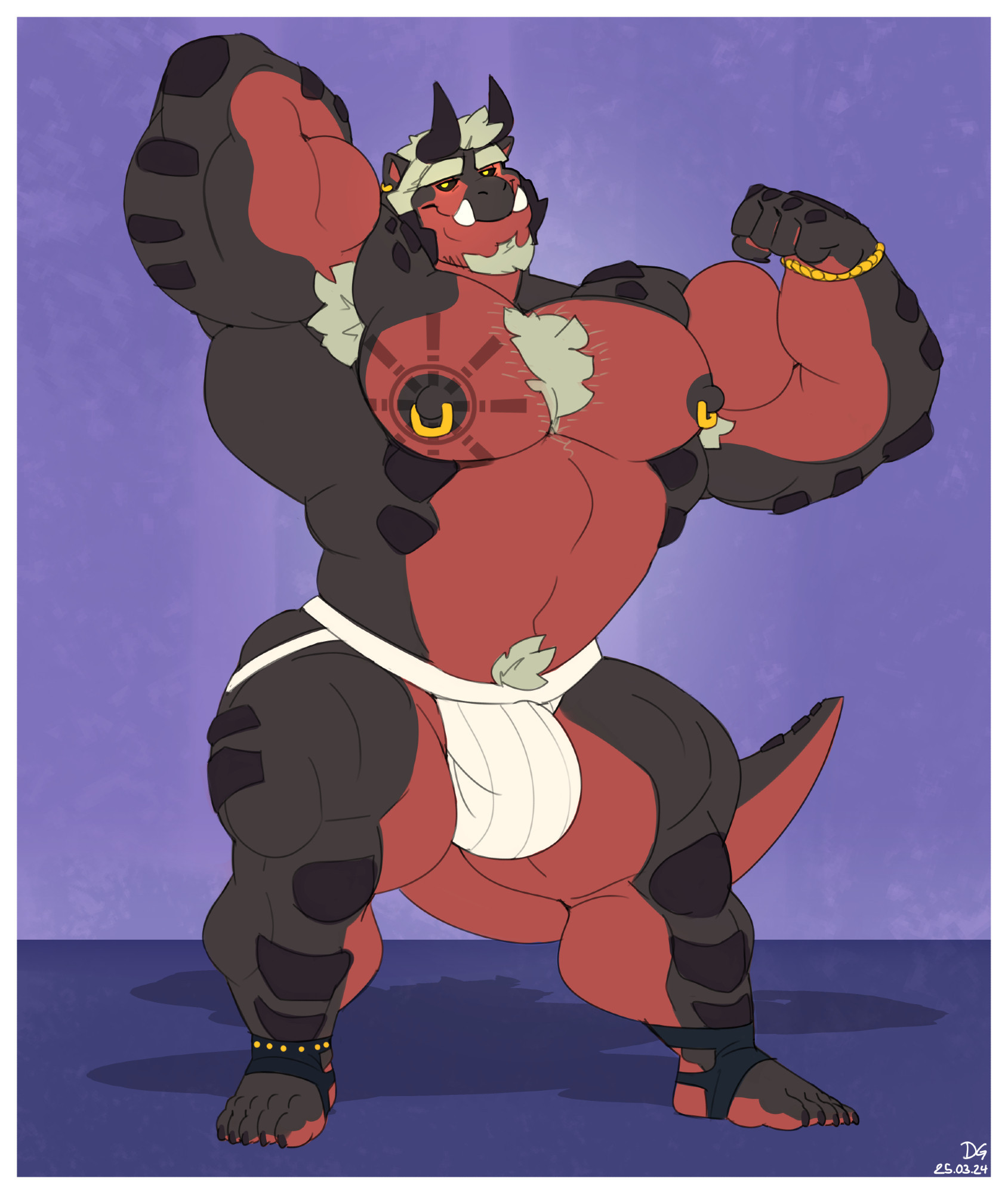 A digital drawing of Kaldr. He is an extremely large, muscular, anthropomorphic dragon with horns on his head and red-and-gray skin. His arms and legs have obsidian scales on them, and he is wearing a white jock-strap and some gold jewelry. He has a tattoo of a ship's wheel around one nipple. He is standing on a purple background, showing off his body, flexing his arms, and smirking at the camera.