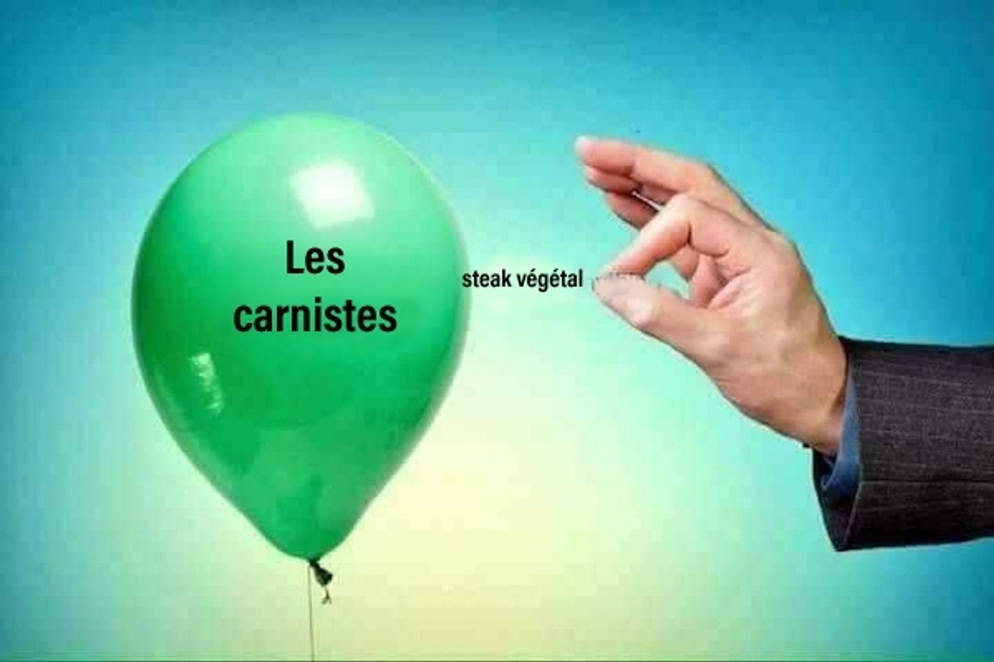 Utilisation du même du ballon qu'on perce avec une aiguille. 
Sur le ballon, il est indiqué "les carnistes".
À la place de l'aiguille "steak végétal"