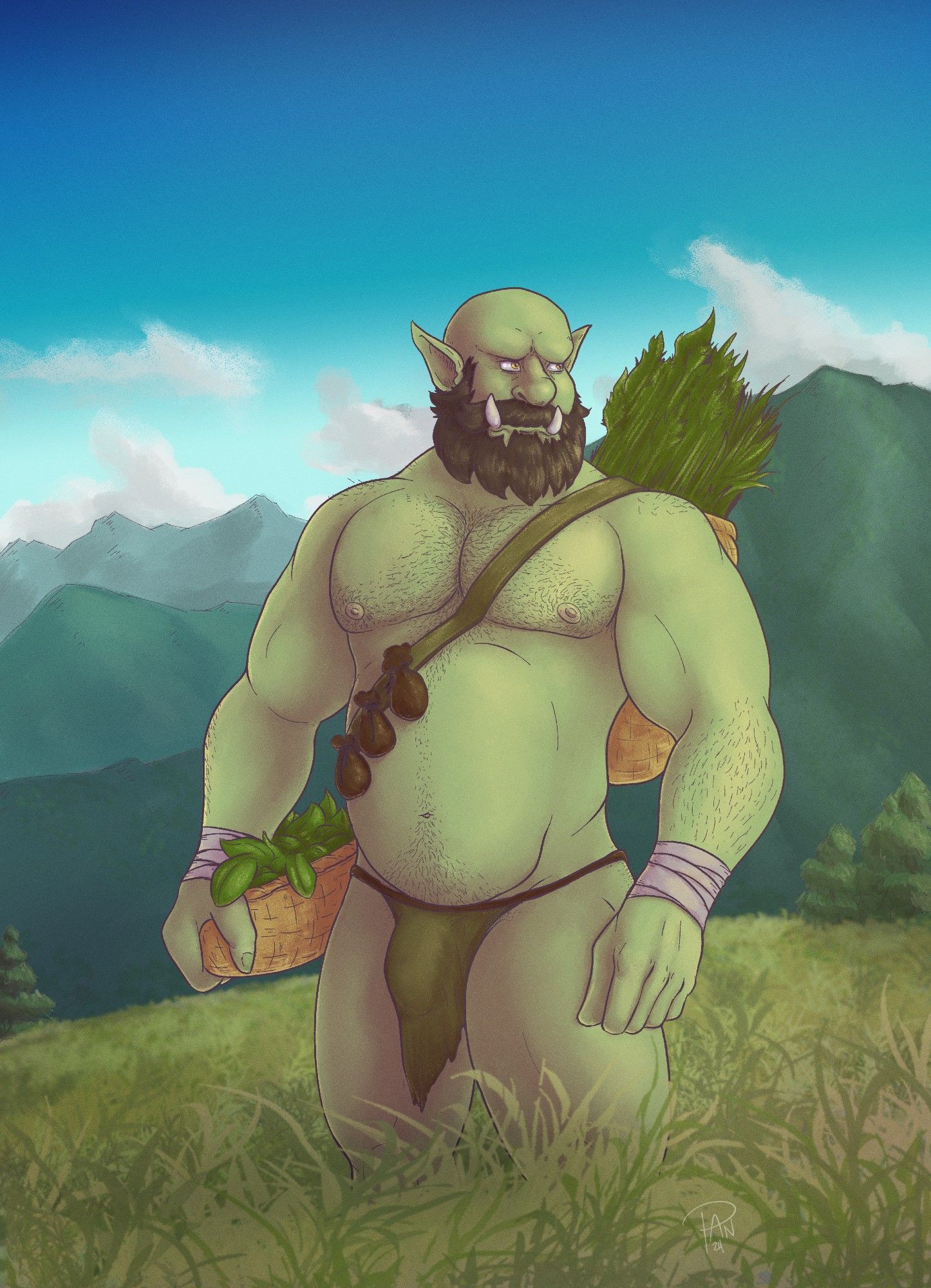 A bald green orc with a dark brown beard stands in a sunny field up in the mountains. He's carrying a few baskets filled with plants, one on his back and the other in his hand against his hip. He's outfitted in a loincloth and some wrist-wrappings, showing of his hairy dad bod.