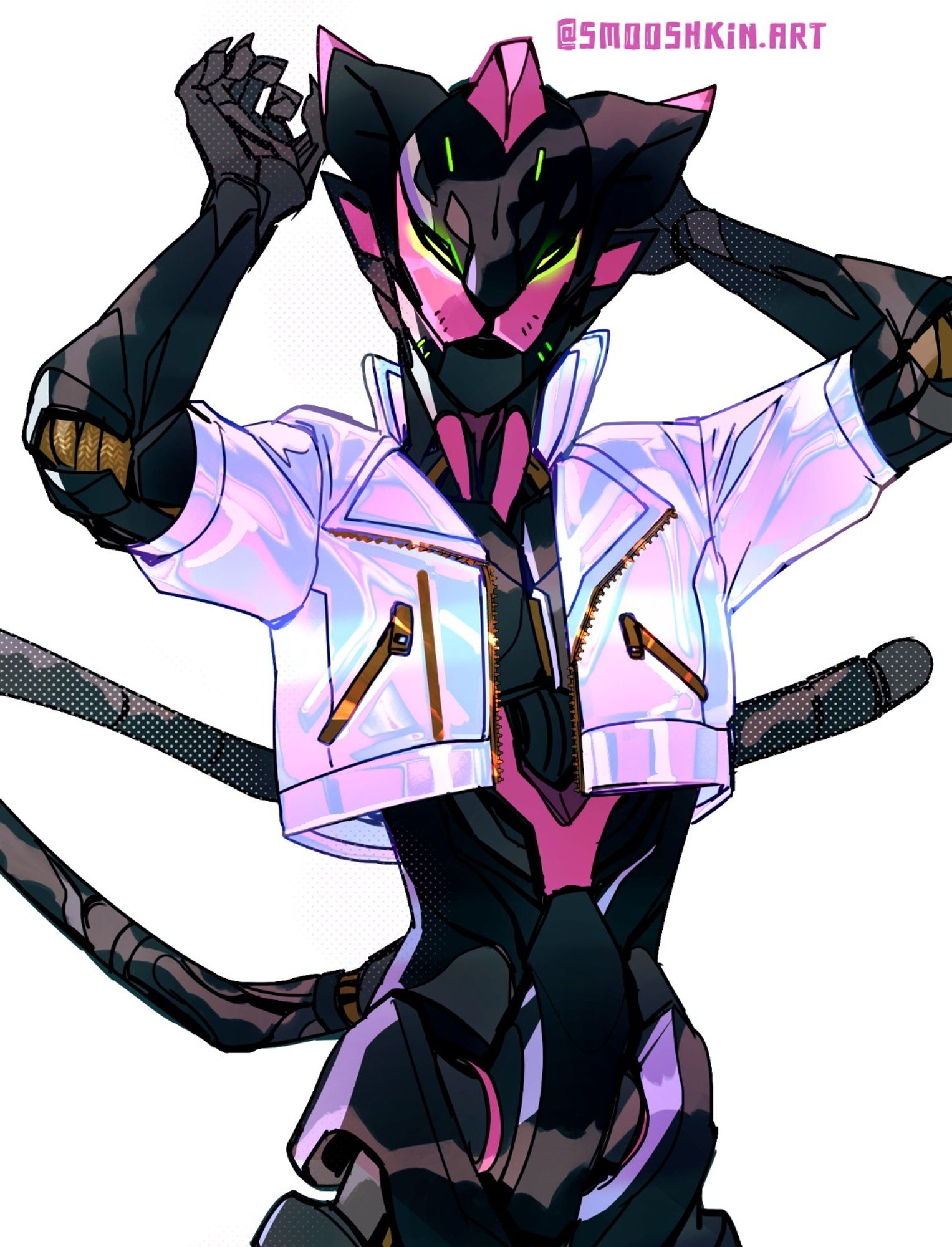 #smooshkin | A robotic anthro black and pink cat in a holo crop jacket. old patron exclusive backlog