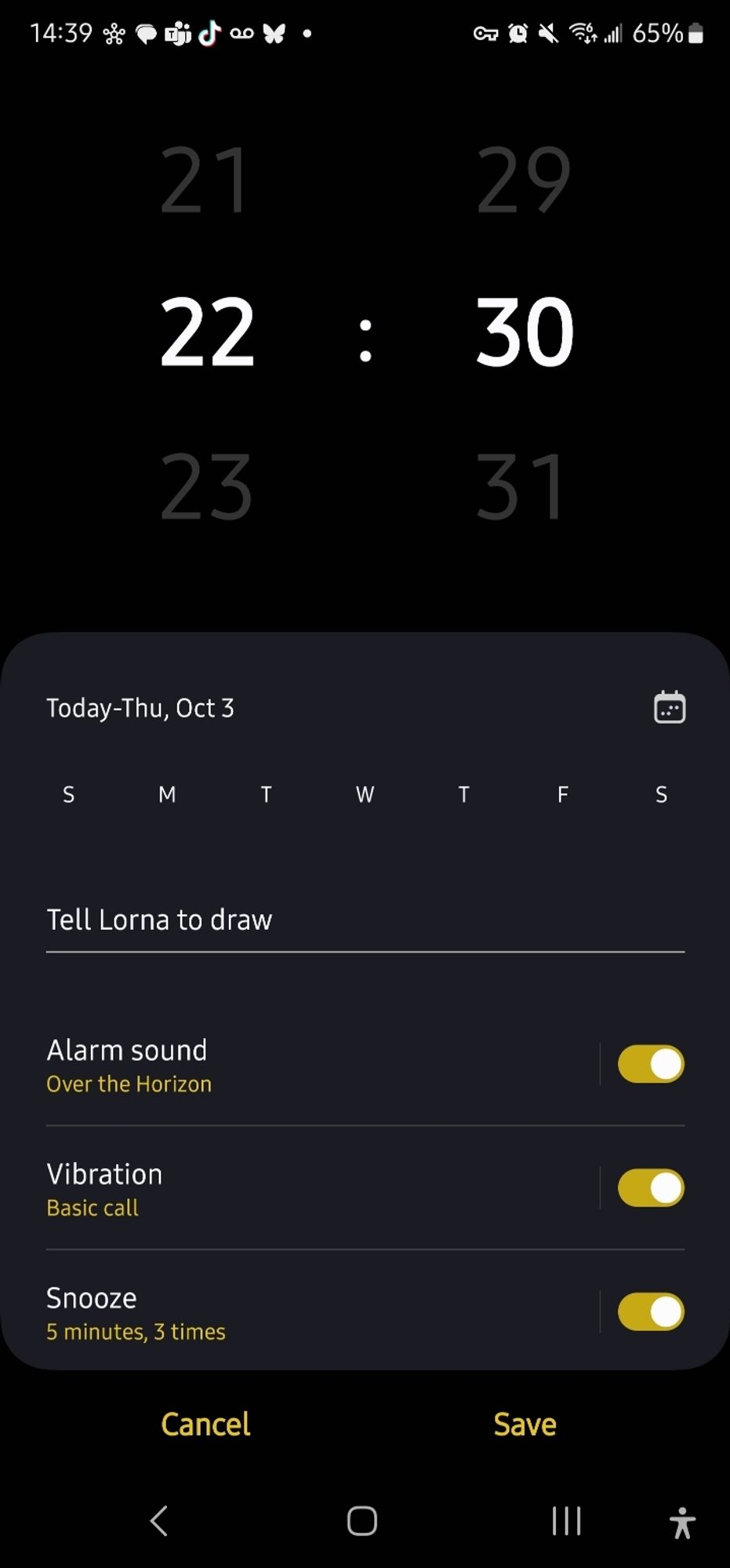 An alarm for 8 hours from now that's titled "Tell Lorna to draw"