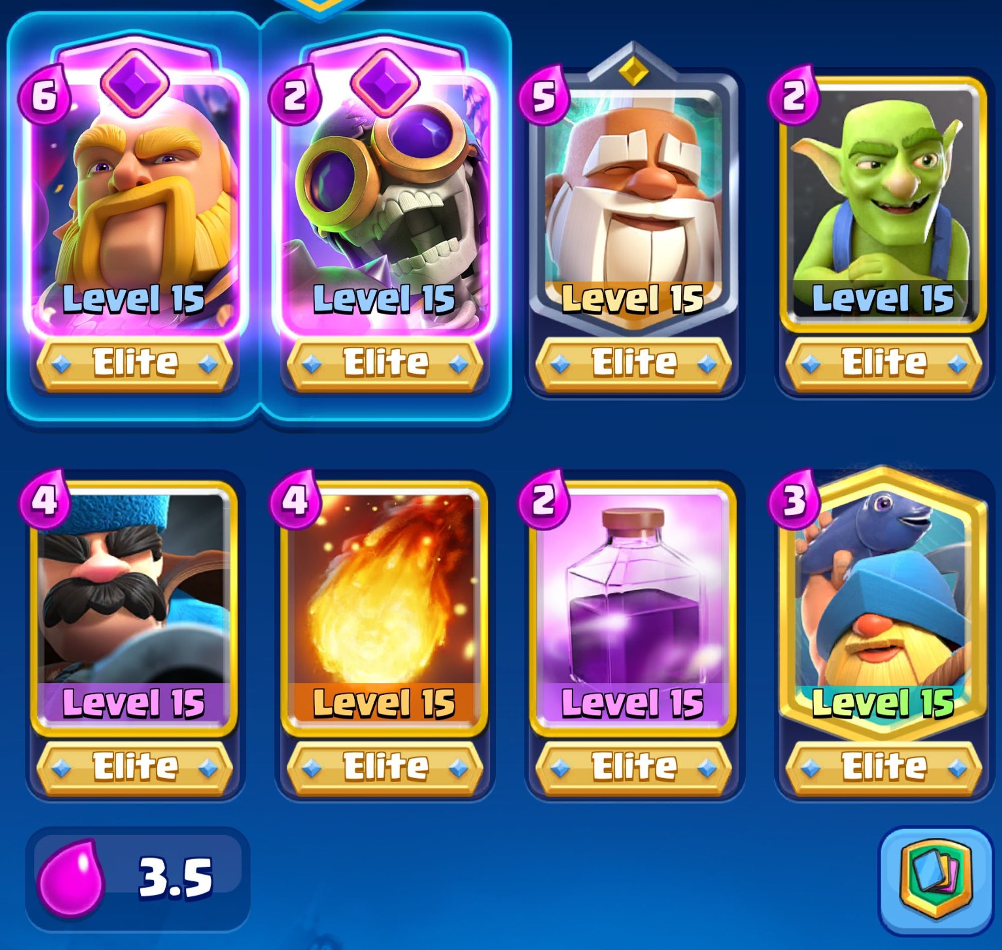 Level 15 Clash Royale deck with evo Royal Giant, evo Bomber, Monk, Goblins, Hunter, Fireball, Rage, and Fisherman