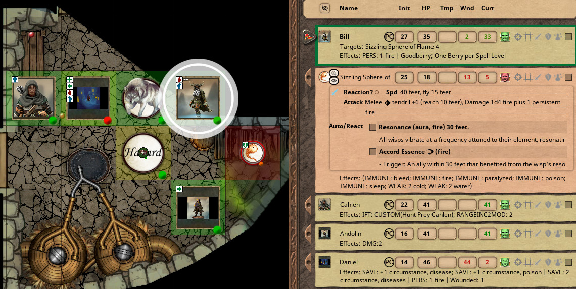 Shown is the VTT Fantasy Grounds Unity and it displays the party and their remaining hit points.