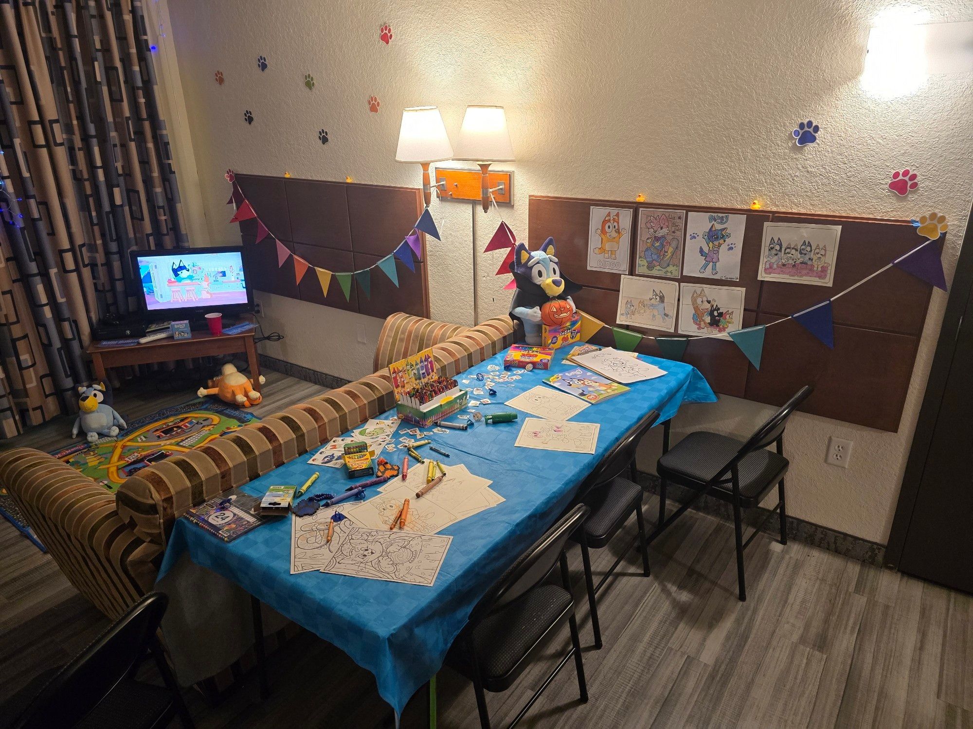 The coloring corner of the Bluey consuite, I spent most of my time in this room helping out. Wall was covered in pictures by the end.