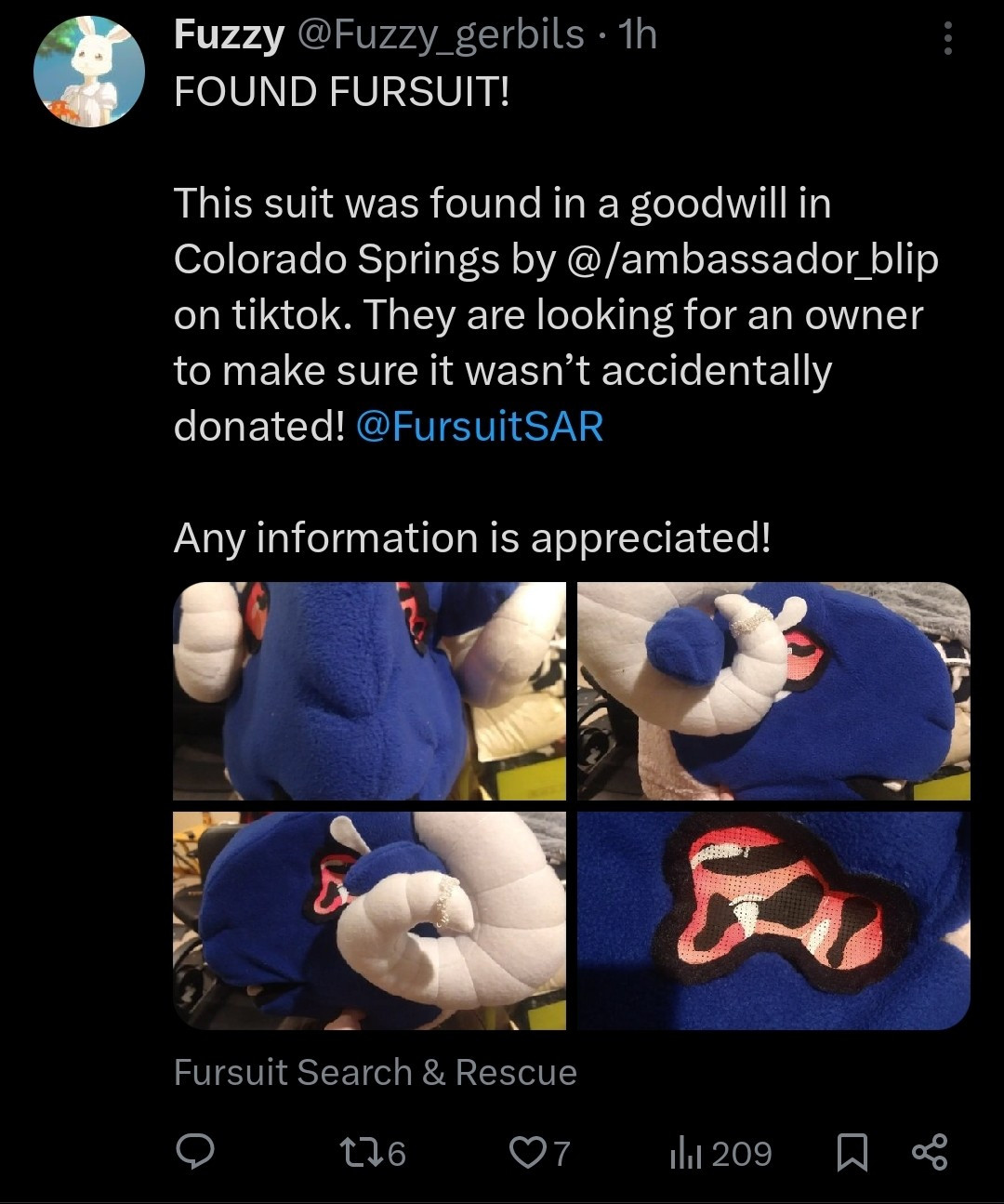 FOUND FURSUIT!

This suit was found in a goodwill on Colorado Springs by @ambassador_blip on tiktok. They are looking for an owner to make sure it wasn't accidentally donated! @FursuitSAR

Any information is appreciated.

Several pictures of a goat monster fursuit head are attached.