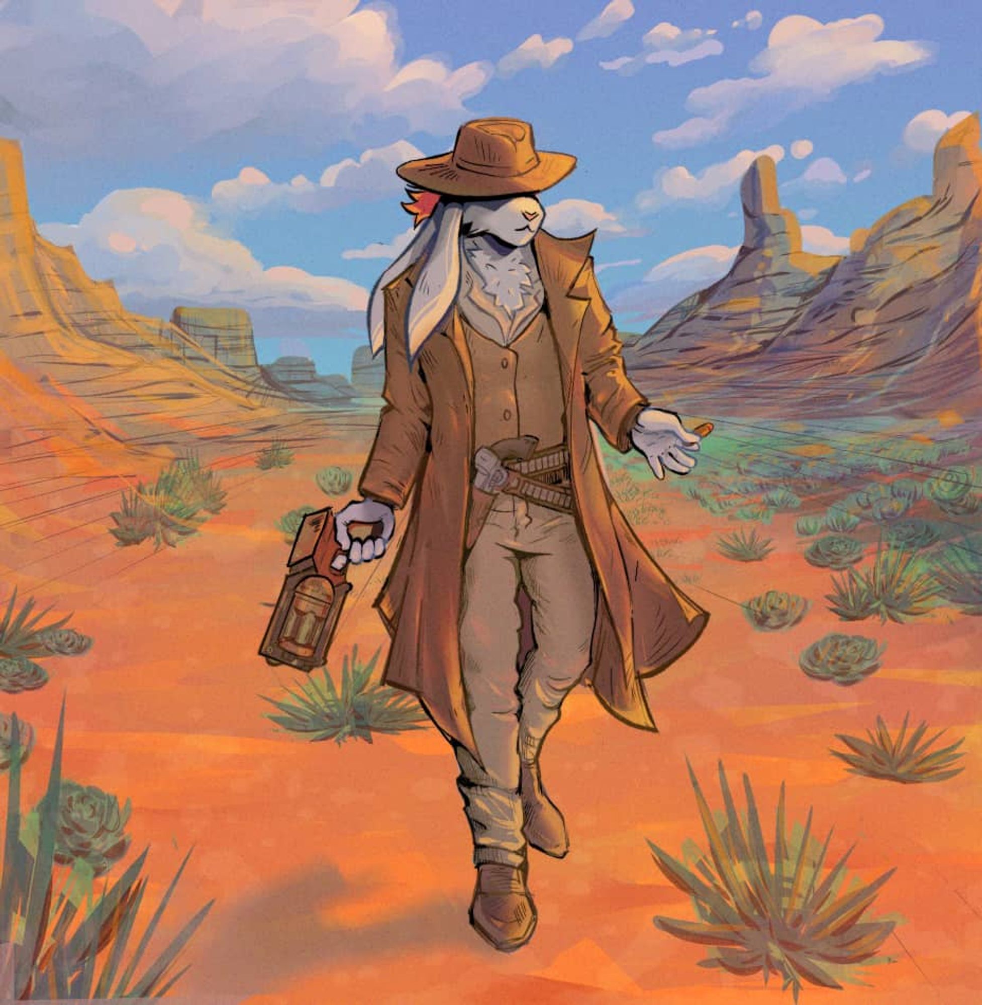 Furry art of a hare in western gunslinger garb carrying a steampunk pistol and a cigar.