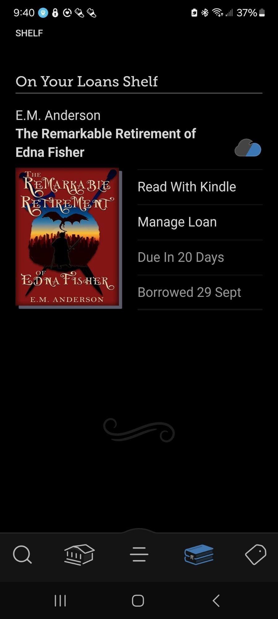 screen cap of a library ebook borrowed yesterday entitled The Remarkable Retirement of Edna Fisher by E. M Anderson