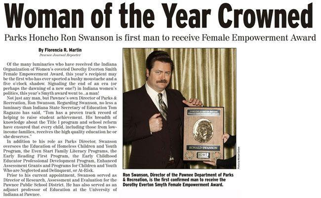 A faux-news article depicting Parks & Recreation Director Ron Swanson received a Female Empowerment Woman of the Year award. From Parks & Recreation.