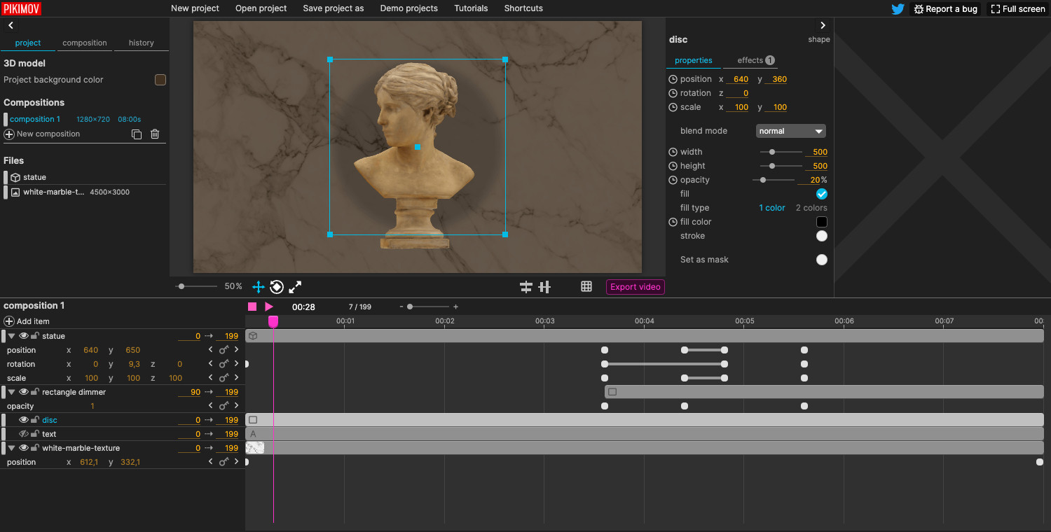 3D composition and layer-based timeline composition editor in browser - free tool Pikimov UI.