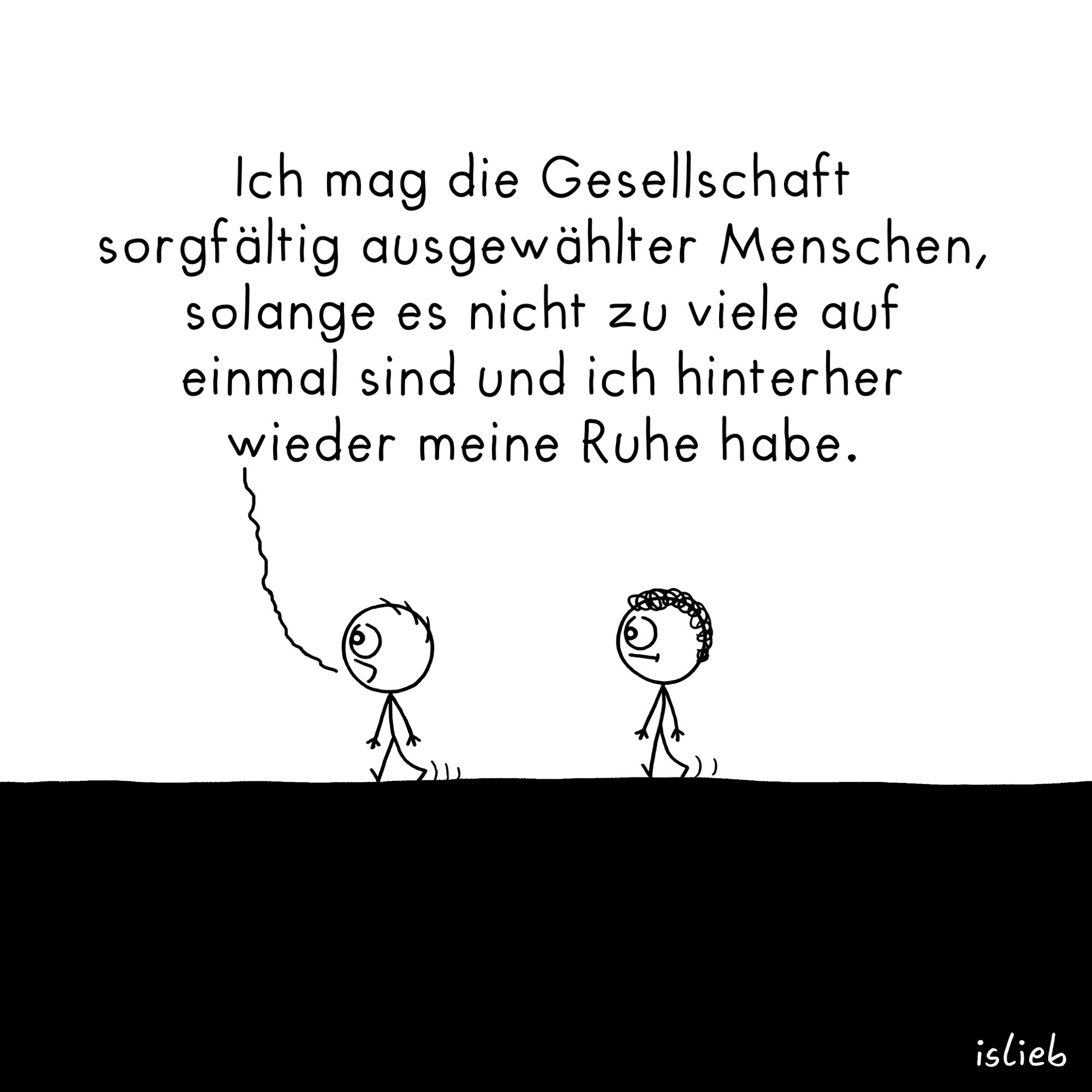 Comic, Figur eins und Figur zwei laufen durch die Gegend. Figur eins erklärt: "Ich mag die Gesellschaft sorgfältig ausgewählter Menschen, solange es nicht zu viele auf einmal sind und ich hinterher wieder meine Ruhe habe."