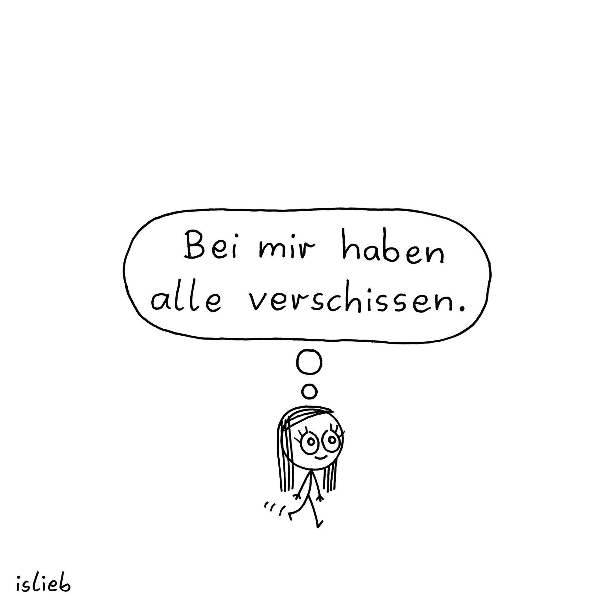 Comic. Ein Mädchen läuft lächelnd durch die Gegend und denkt: "Bei mir haben alle verschissen."