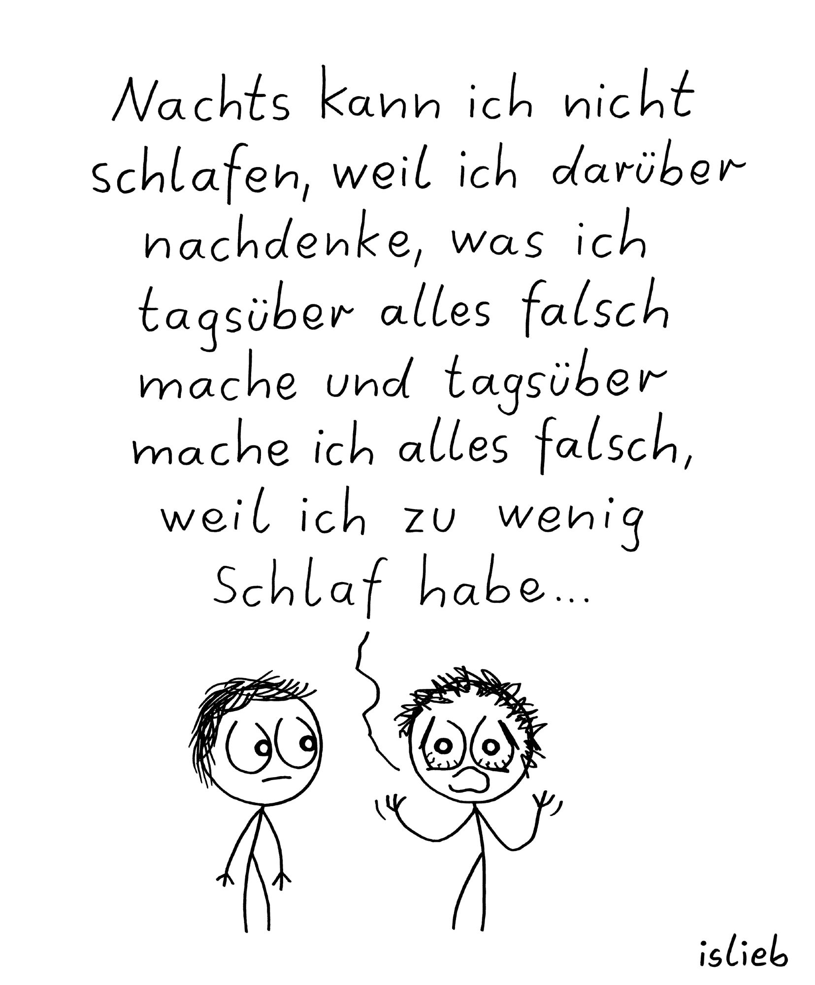 Comic. Figur eins erklärt Figur zwei: "Nachts kann ich nicht schlafen, weil ich darüber nachdenke, was ich tagsüber alles falsch mache und tagsüber mache ich alles falsch, weil ich zu wenig Schlaf habe."