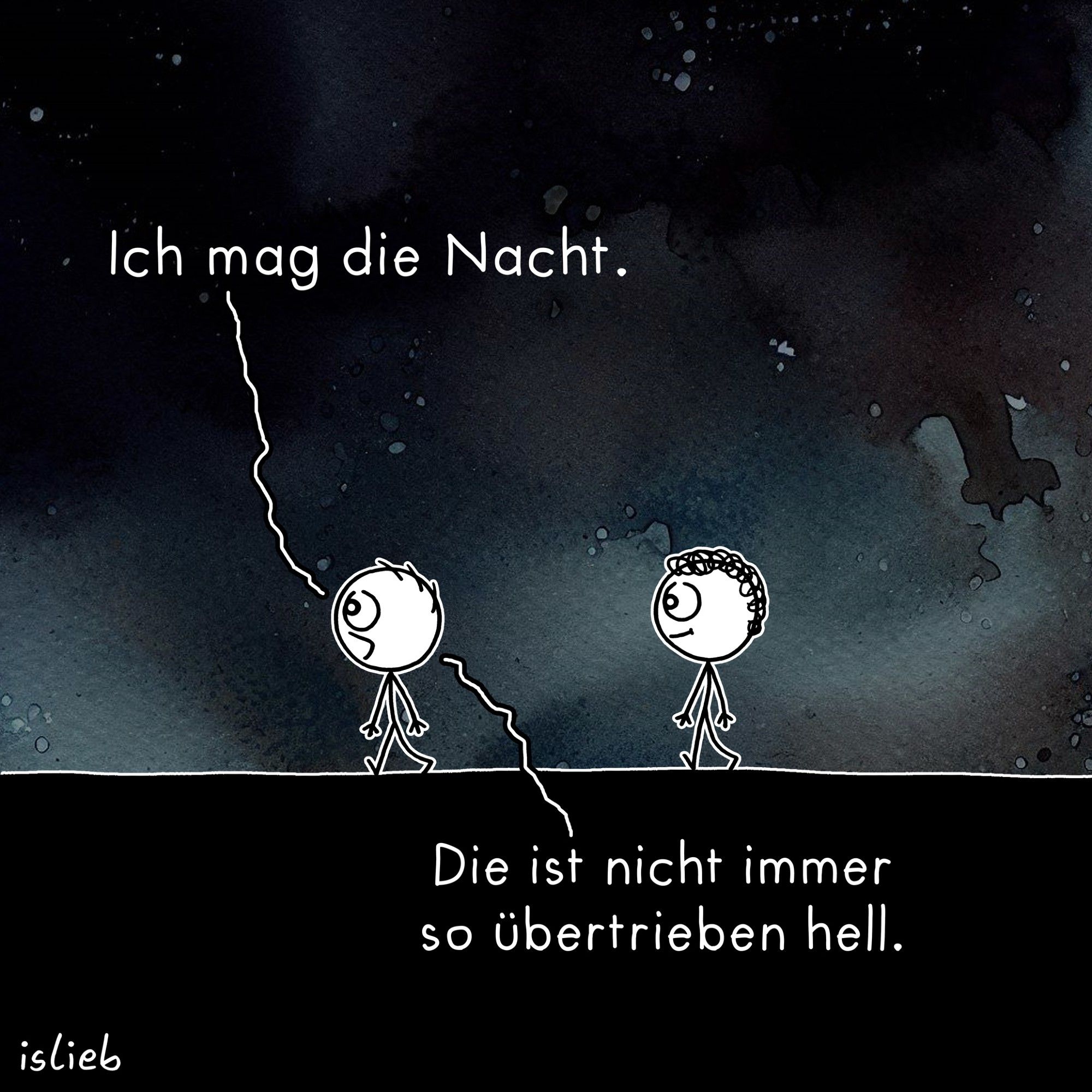 Comic. Zwei Figuren laufen durch die Nacht. Figur eins sagt: "Ich mag die Nacht. Die ist nicht immer so übertrieben hell."