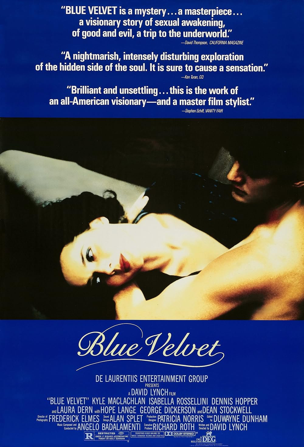 Film Blue Velvet
---
Datum Samstag, 17.08.24
Uhrzeit 19:30 Uhr
Ort Kant Kino, Kantstraße 54, 10627 Berlin 
Treffpunkt ab 19:10 Uhr im Eingangsbereich
Platzwahl Saal 1, Reihe T, Platz 4
Tickets https://www.yorck.de/en/films/blue-velvet
---
Jahr 1987
Regie David Lynch
Spielzeit 120 min
Sprache OV, Englisch
---
Beschreibung "Ein doppelbödiger Film, der sich im krassen Eindringen in finsterste menschliche Abgründe zugleich mit der Fragwürdigkeit traditioneller Weltbilder beschäftigt." - Filmdienst
---
Trailer https://www.youtube.com/watch?v=k_BybDB_phY
---
Auswahl von Dennis
---
Linktree https://linktr.ee/filmmusikbuch