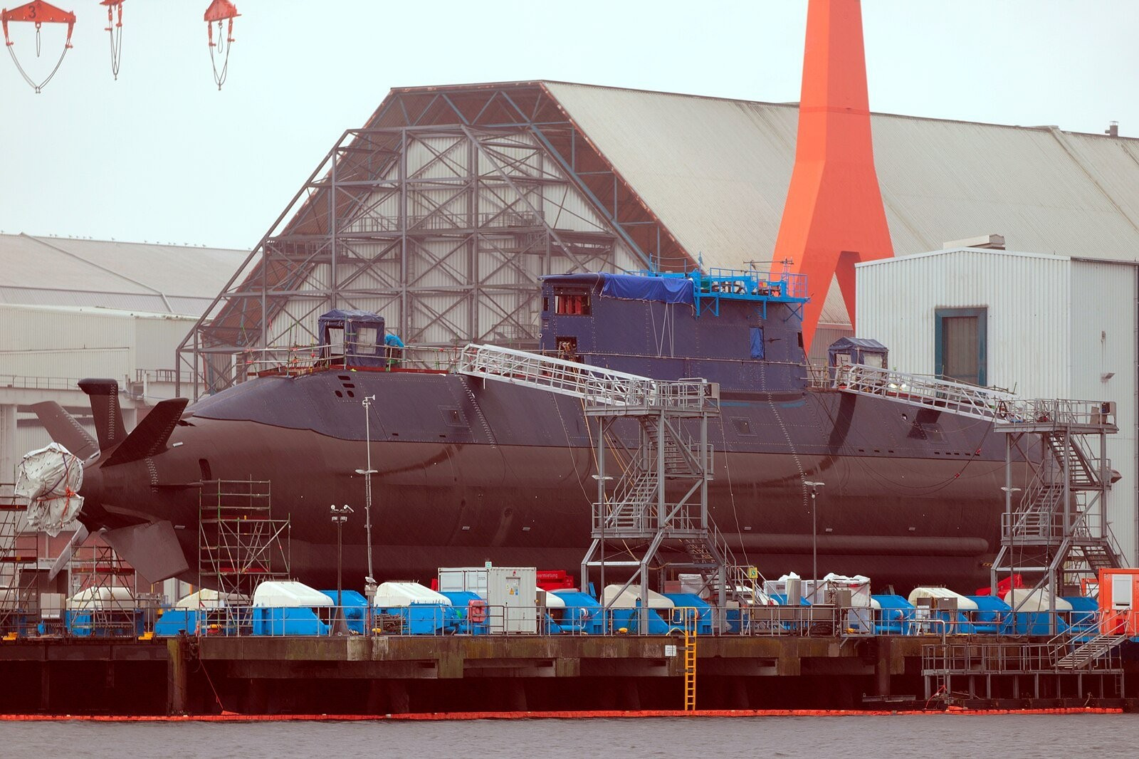 The Israeli military submarine INS Drakon seen being worked on at the ThyssenKrupp Marine Systems (TKMS) yard in Kiel, Germany in 2023. Photos 1 and 2 credit: Marco Kuntzsch/Wikimedia Commons
