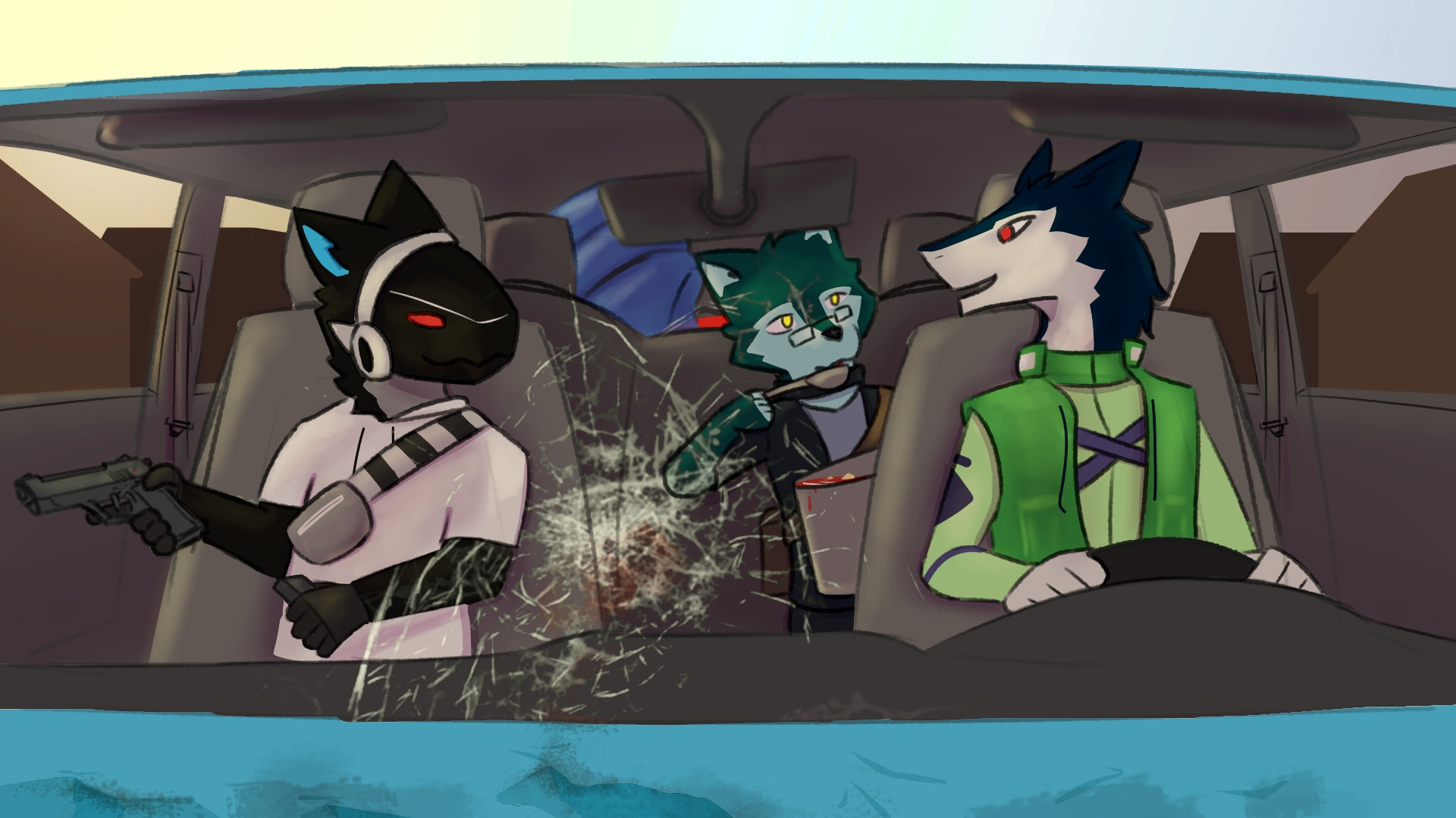 Three anthro creatures enjoying road trip in zomboid while chatting