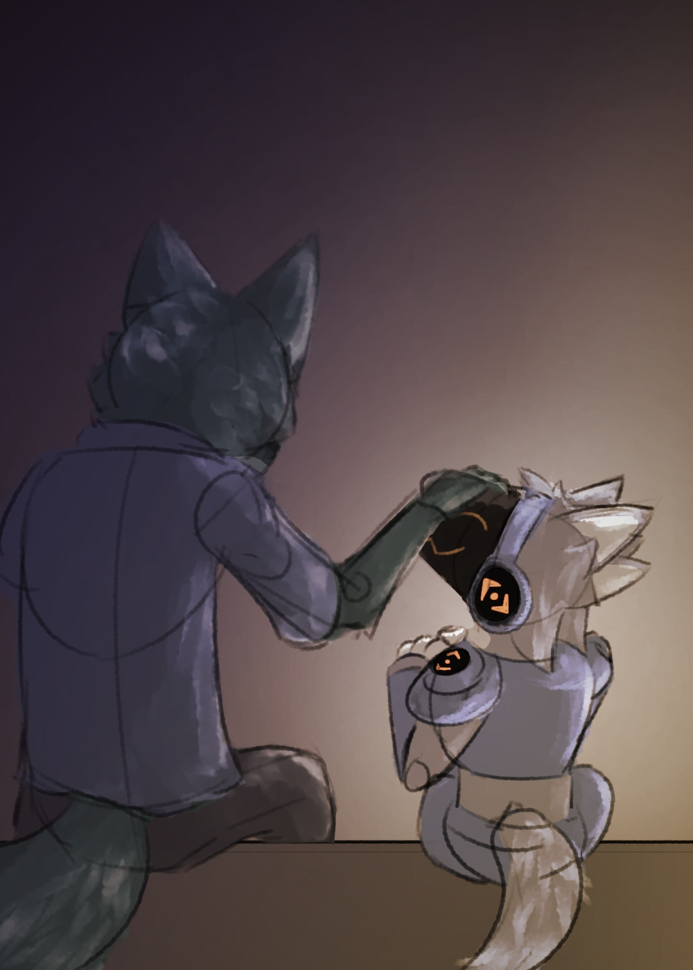 anthro wolf petting his adopted protogen